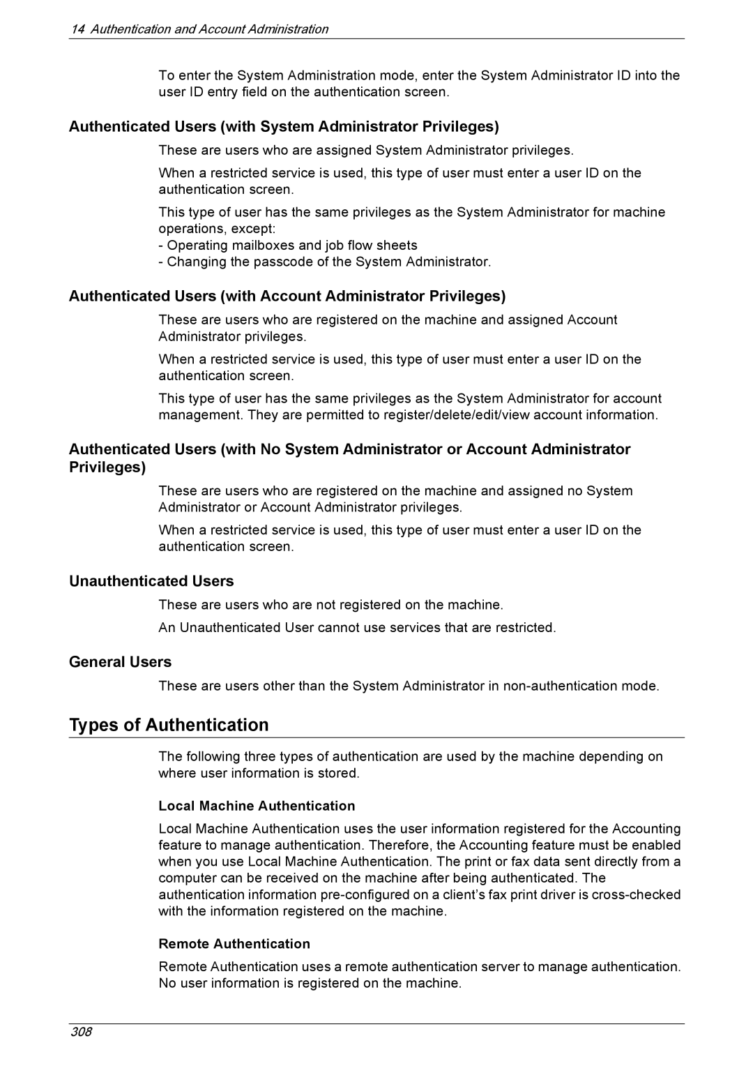 Xerox 5222 manual Types of Authentication, Authenticated Users with System Administrator Privileges, Unauthenticated Users 