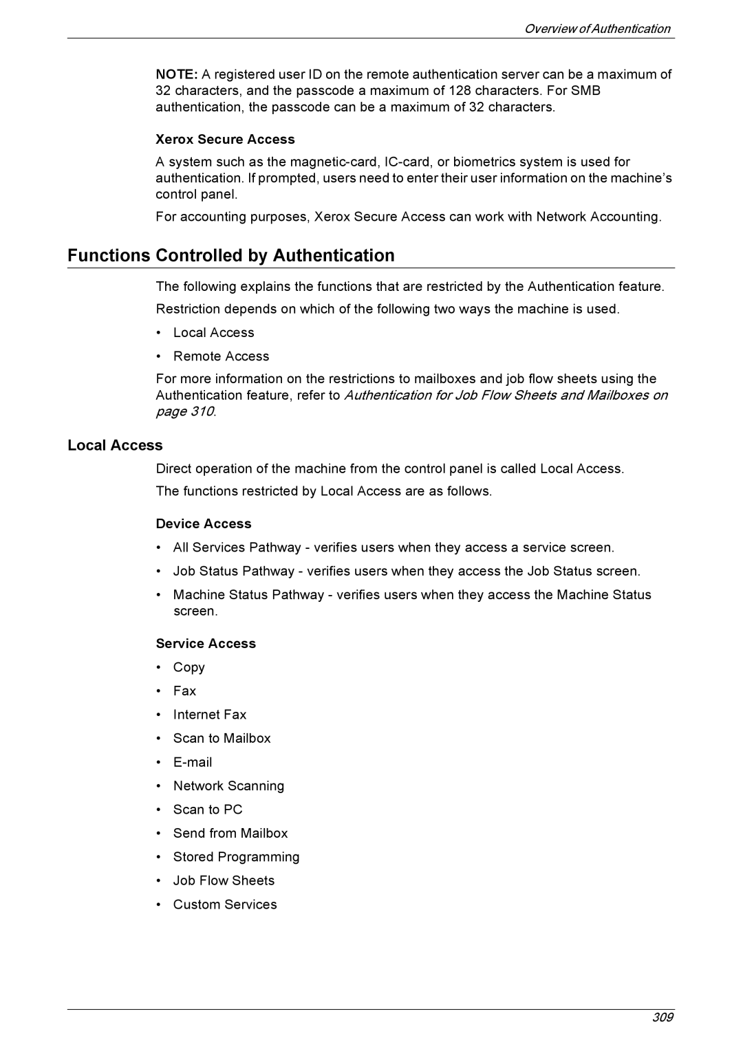 Xerox 5222 manual Functions Controlled by Authentication, Local Access, Xerox Secure Access 