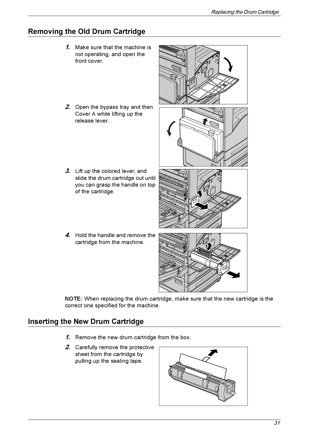 Xerox 5222 manual Removing the Old Drum Cartridge, Inserting the New Drum Cartridge 