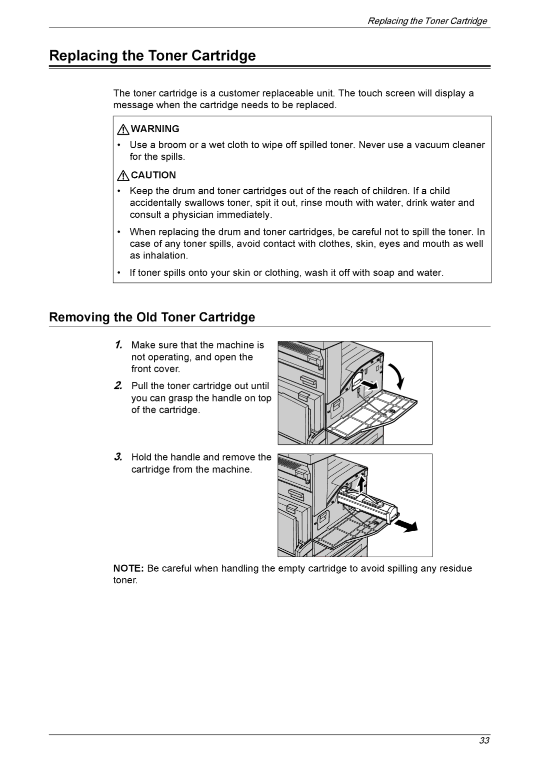 Xerox 5222 manual Replacing the Toner Cartridge, Removing the Old Toner Cartridge 