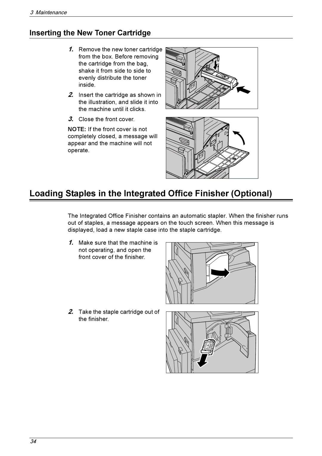 Xerox 5222 manual Loading Staples in the Integrated Office Finisher Optional, Inserting the New Toner Cartridge 