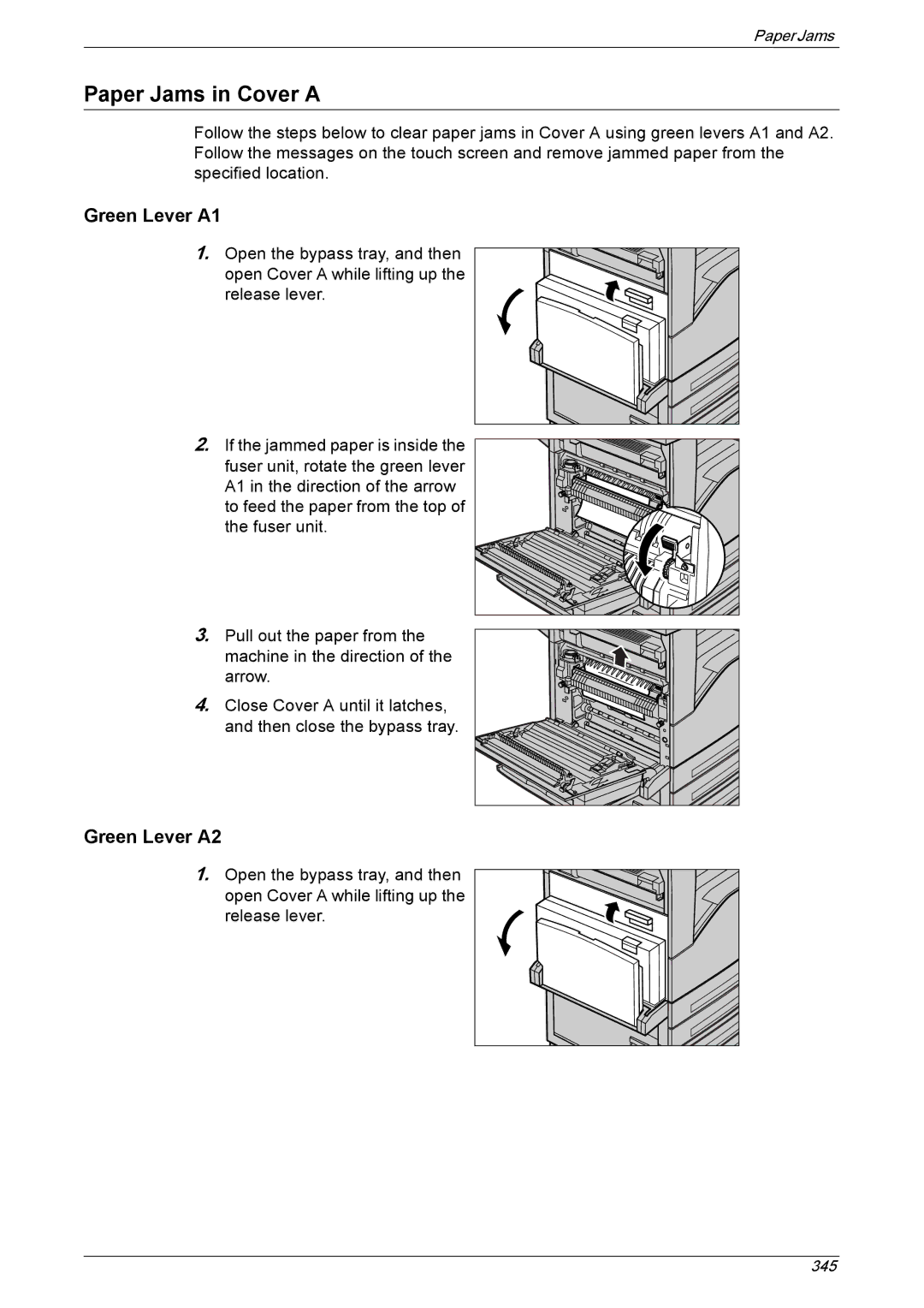 Xerox 5222 manual Paper Jams in Cover a, Green Lever A1, Green Lever A2 