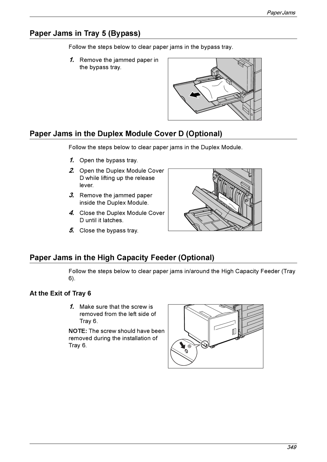 Xerox 5222 manual Paper Jams in Tray 5 Bypass, Paper Jams in the Duplex Module Cover D Optional, At the Exit of Tray 