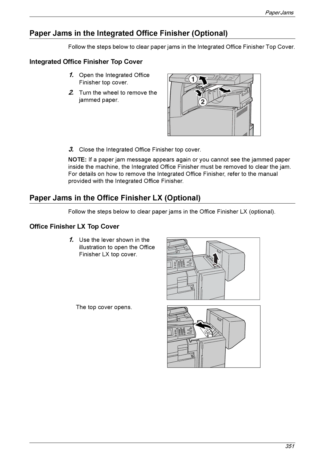 Xerox 5222 manual Paper Jams in the Integrated Office Finisher Optional, Paper Jams in the Office Finisher LX Optional 