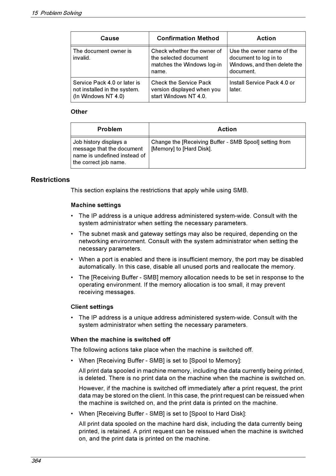 Xerox 5222 manual Restrictions, Other Problem Action, Machine settings, Client settings, When the machine is switched off 