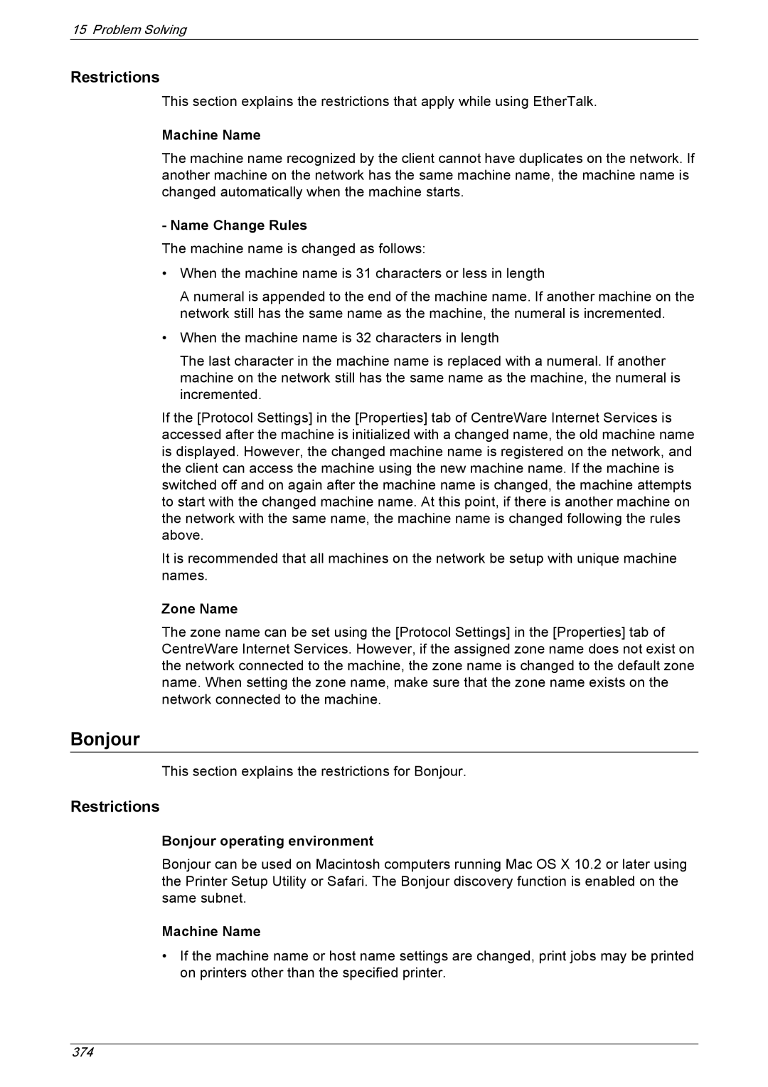 Xerox 5222 manual Name Change Rules, Zone Name, Bonjour operating environment 