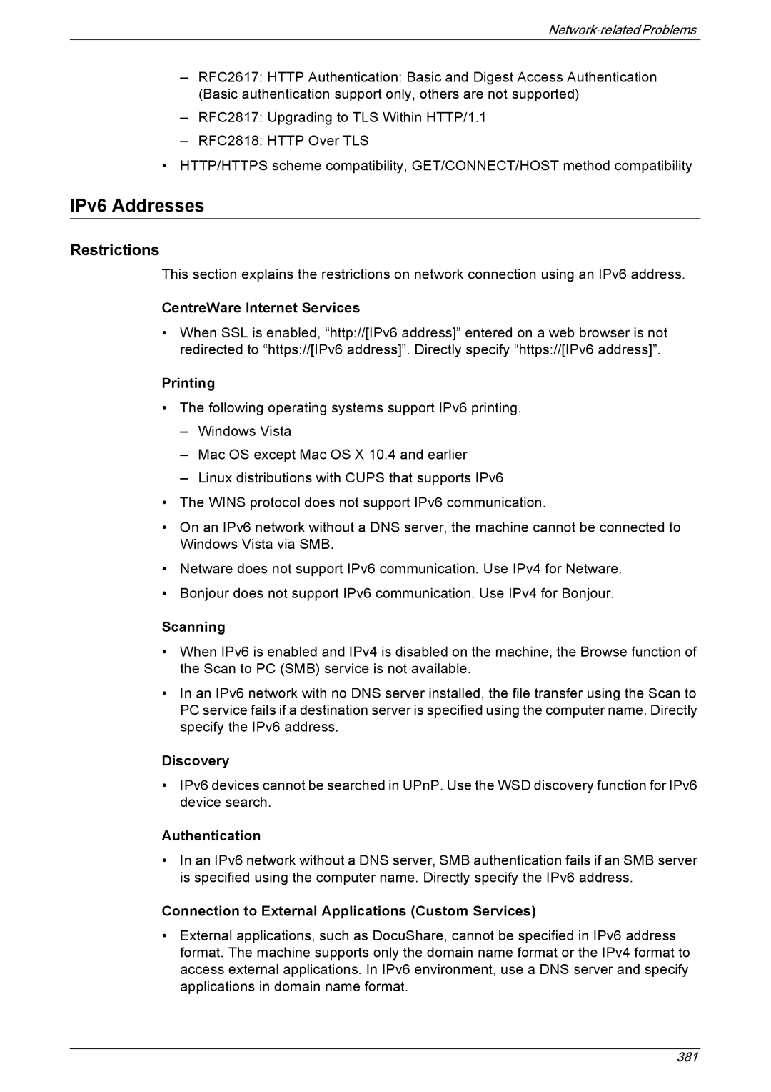 Xerox 5222 manual IPv6 Addresses, Scanning, Discovery, Authentication, Connection to External Applications Custom Services 