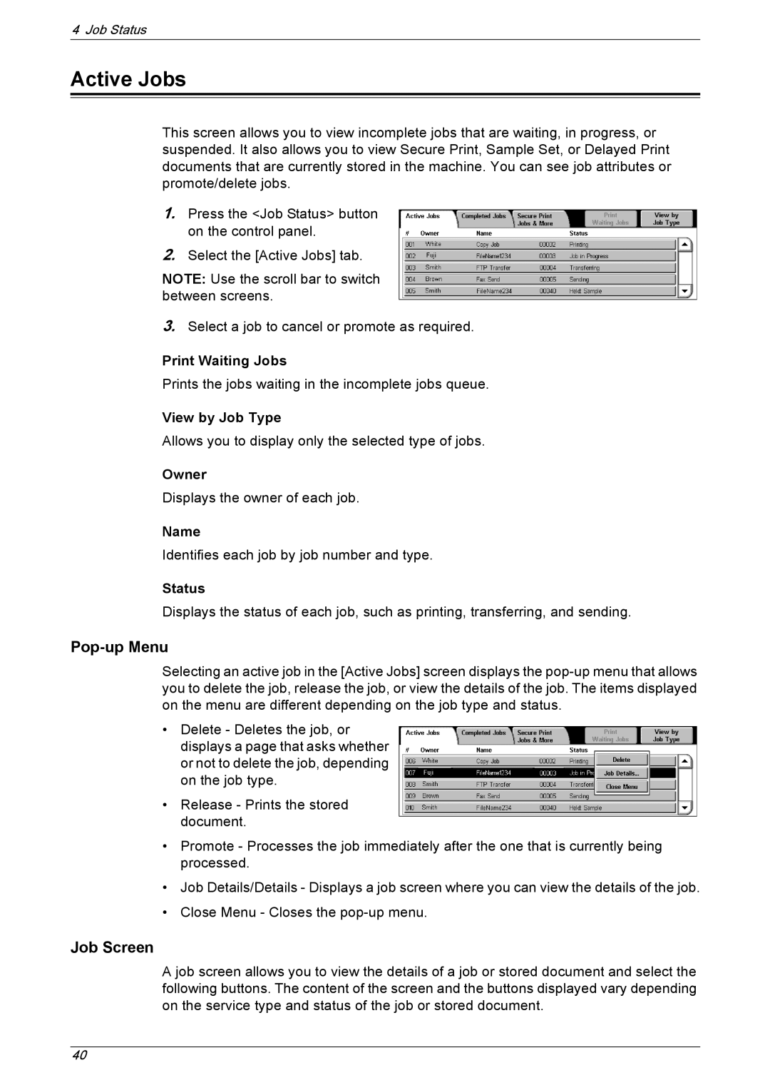 Xerox 5222 manual Active Jobs, Pop-up Menu, Job Screen 