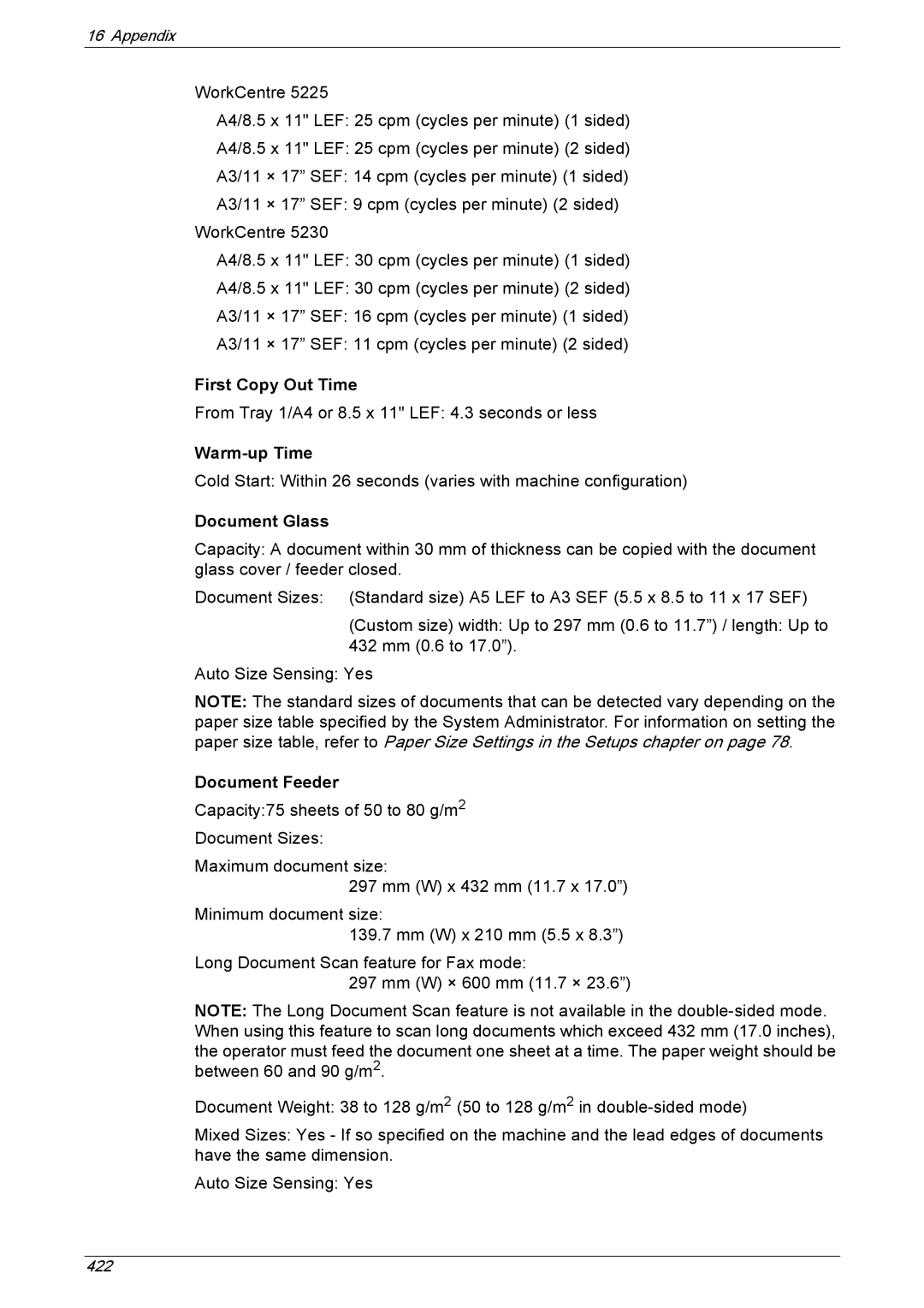 Xerox 5222 manual First Copy Out Time, Warm-up Time, Document Glass, Document Feeder 