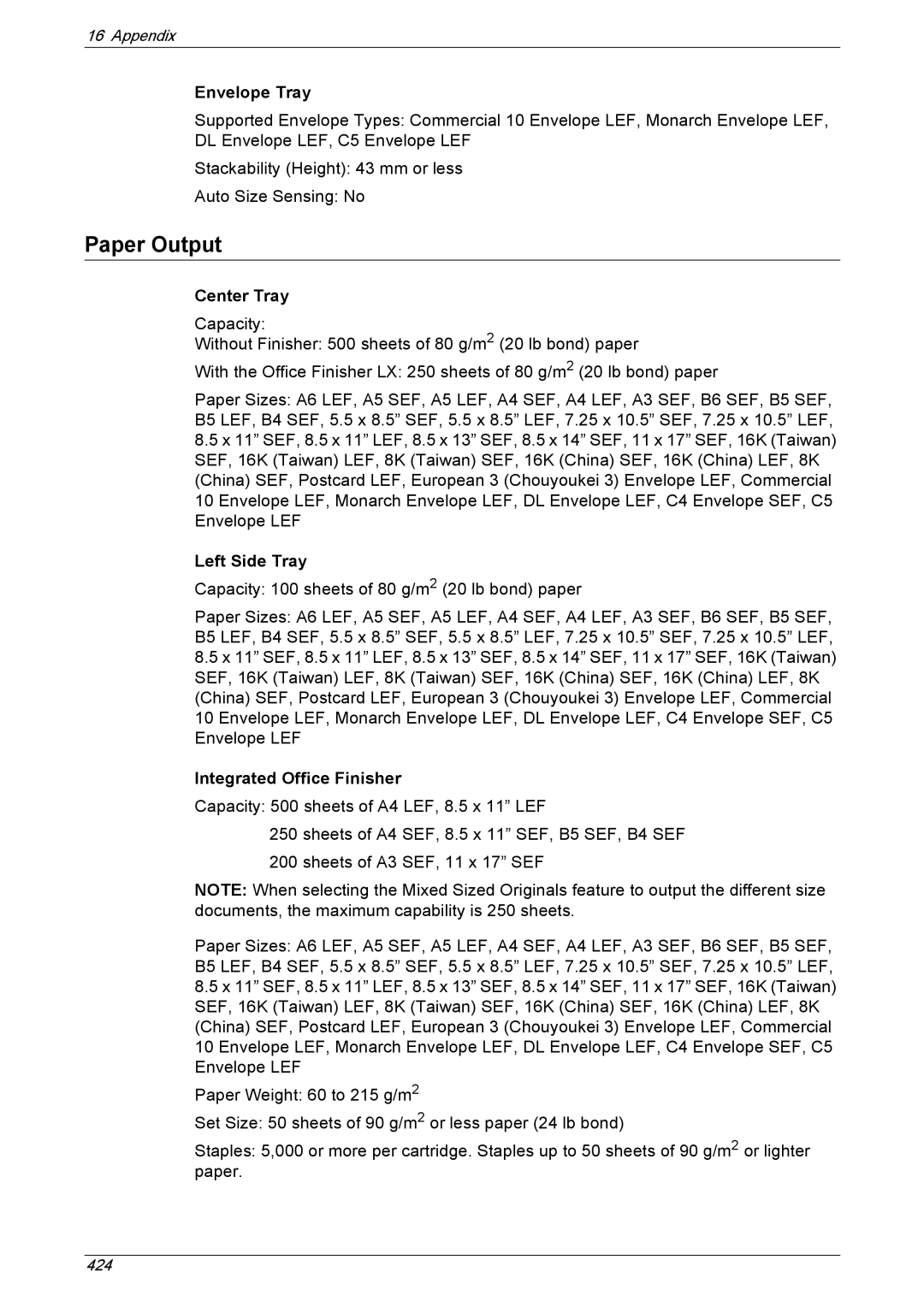 Xerox 5222 manual Paper Output, Envelope Tray, Center Tray, Left Side Tray, Integrated Office Finisher 