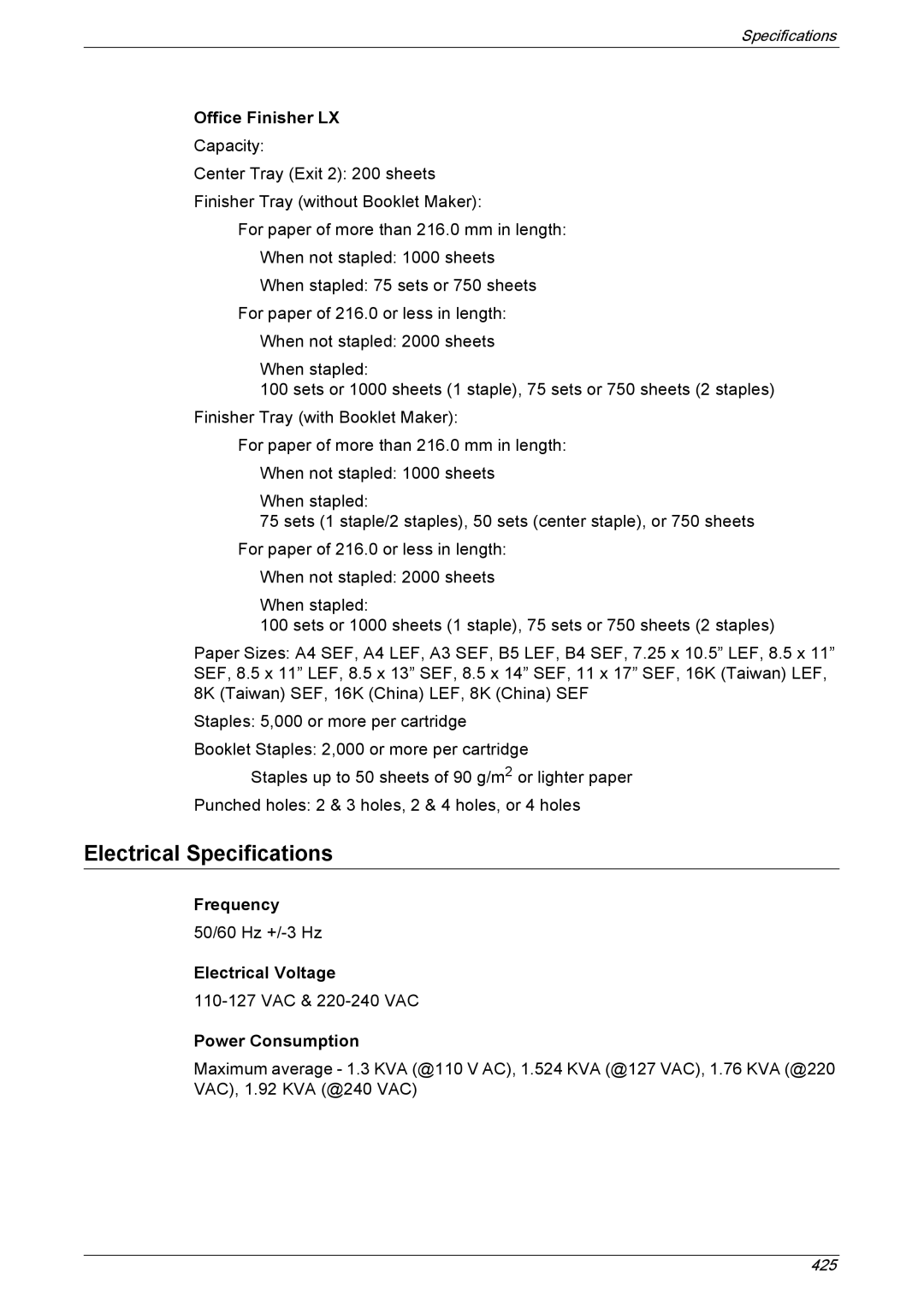 Xerox 5222 manual Electrical Specifications, Office Finisher LX, Frequency, Electrical Voltage, Power Consumption 