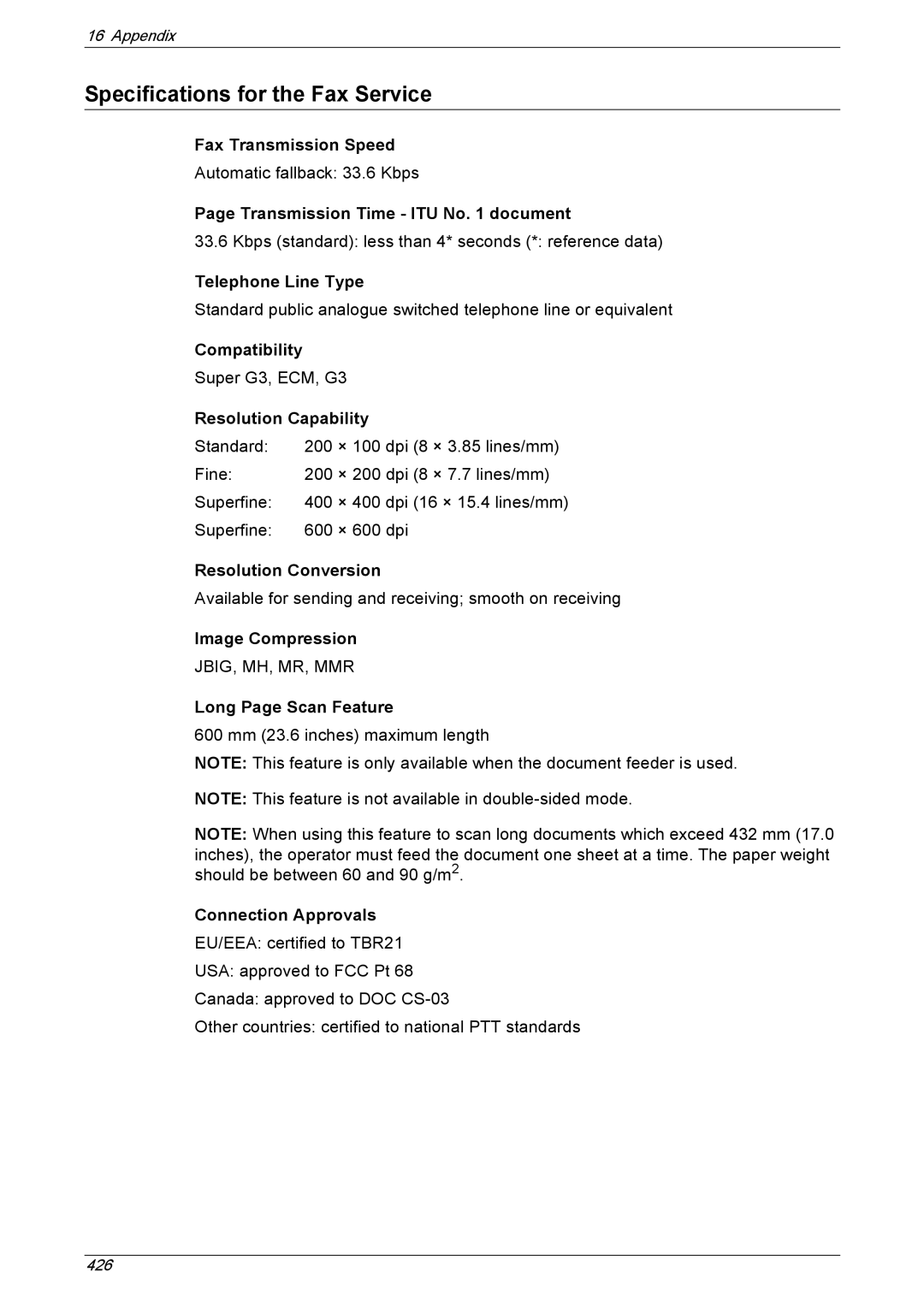 Xerox 5222 manual Specifications for the Fax Service 