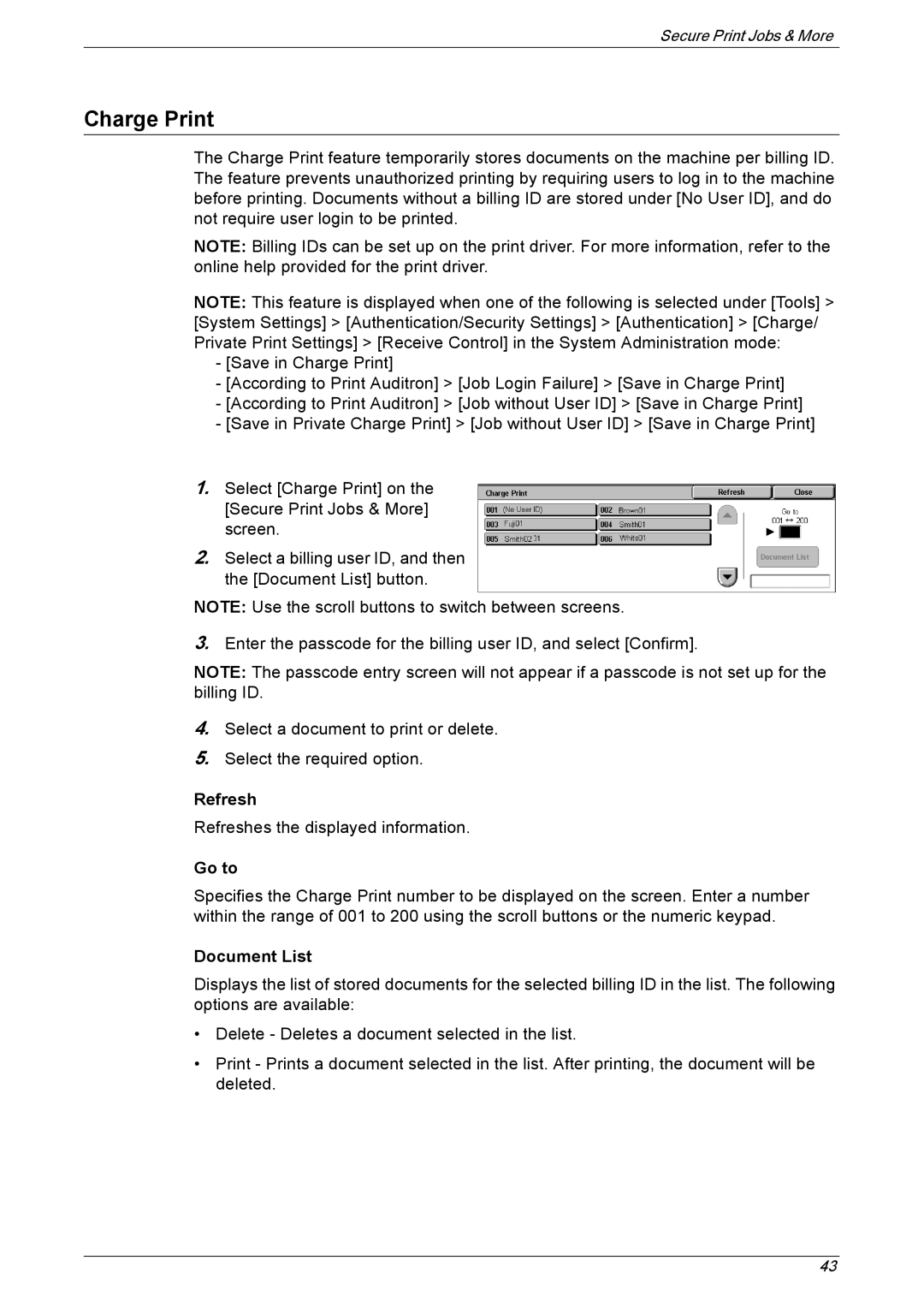 Xerox 5222 manual Charge Print, Refresh, Go to, Document List 