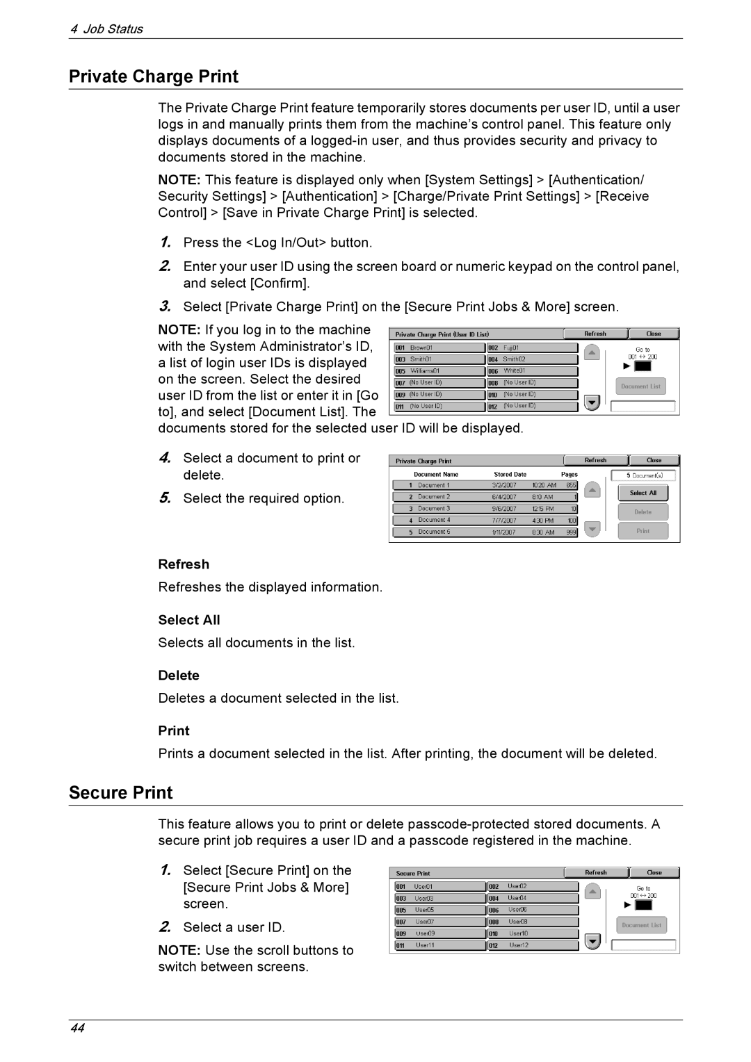 Xerox 5222 manual Private Charge Print, Secure Print, Select All 