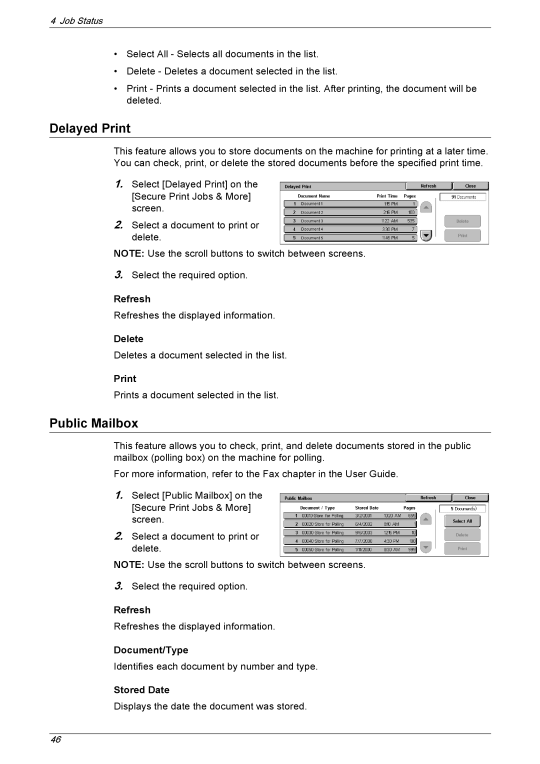 Xerox 5222 manual Delayed Print, Public Mailbox, Document/Type, Stored Date 