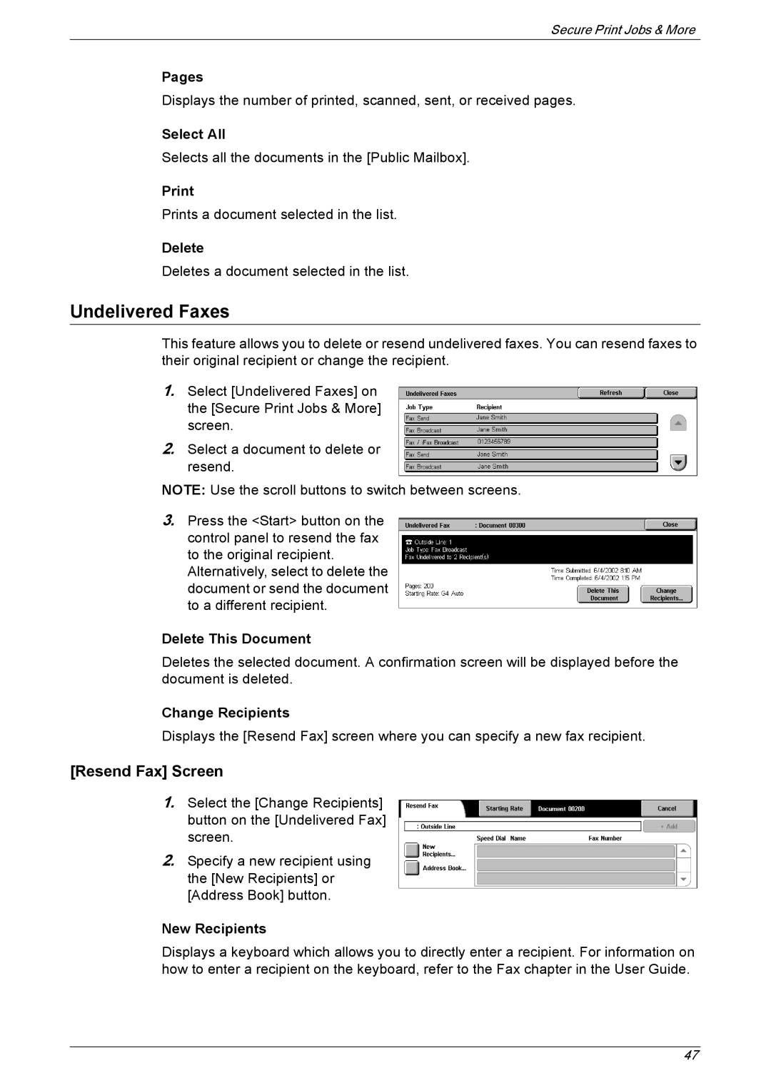 Xerox 5222 manual Undelivered Faxes, Resend Fax Screen 