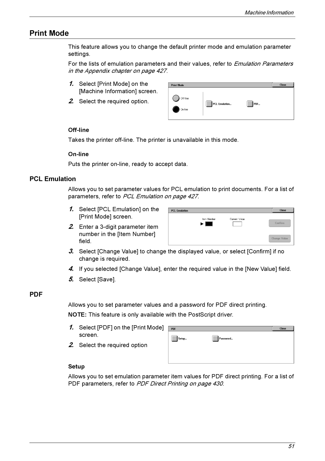 Xerox 5222 manual Print Mode, PCL Emulation, Off-line, On-line, Setup 