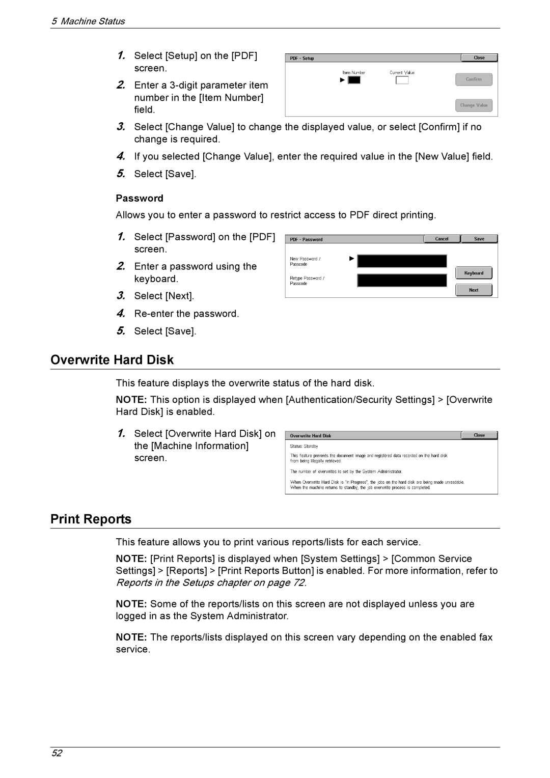 Xerox 5222 manual Overwrite Hard Disk, Print Reports, Password 