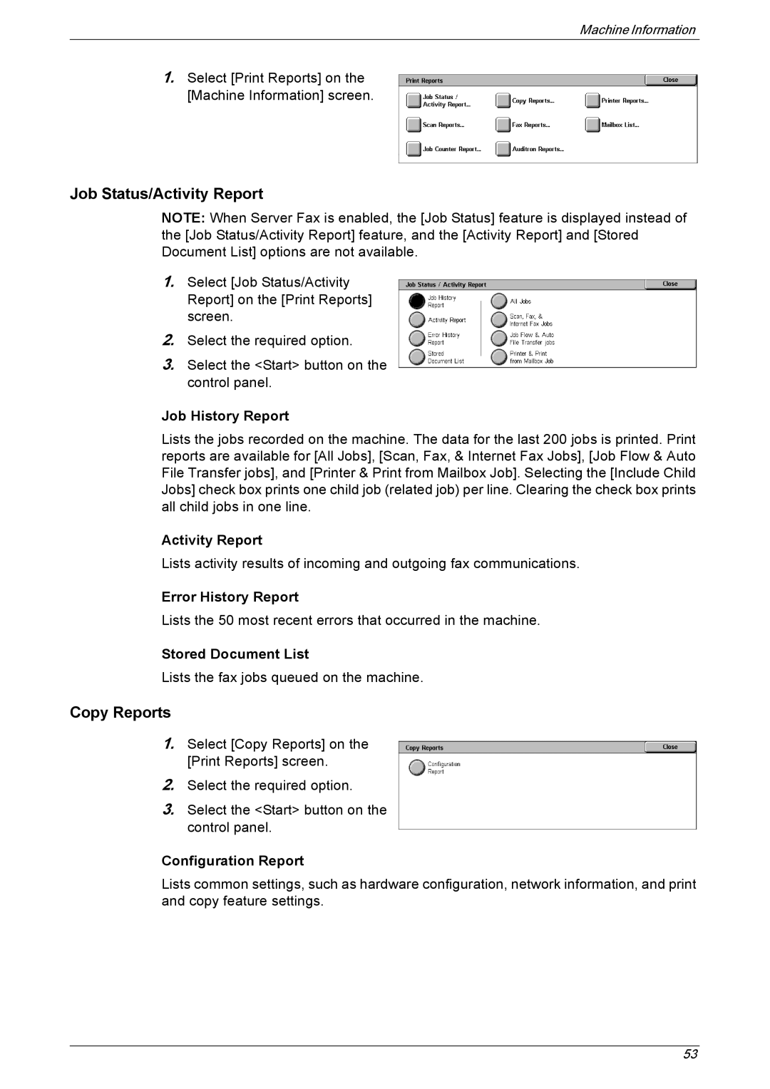 Xerox 5222 manual Job Status/Activity Report, Copy Reports 