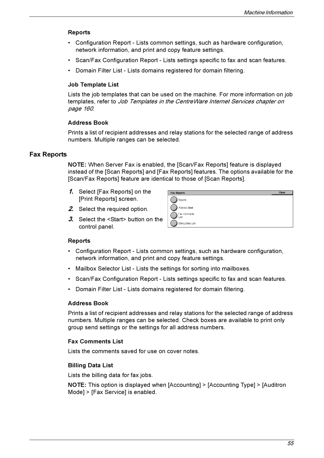 Xerox 5222 manual Fax Reports, Job Template List, Fax Comments List, Billing Data List 