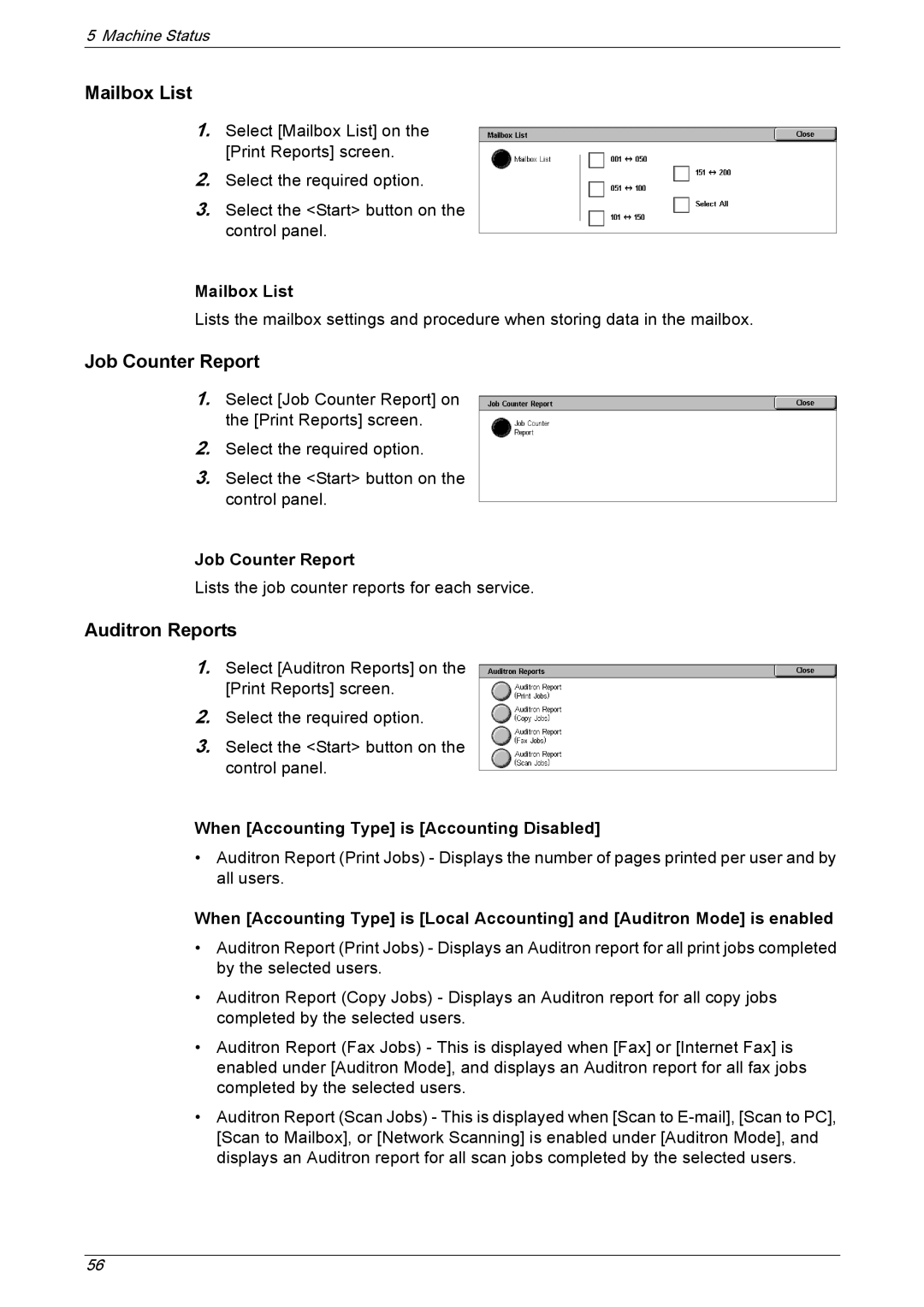 Xerox 5222 manual Mailbox List, Job Counter Report, Auditron Reports 