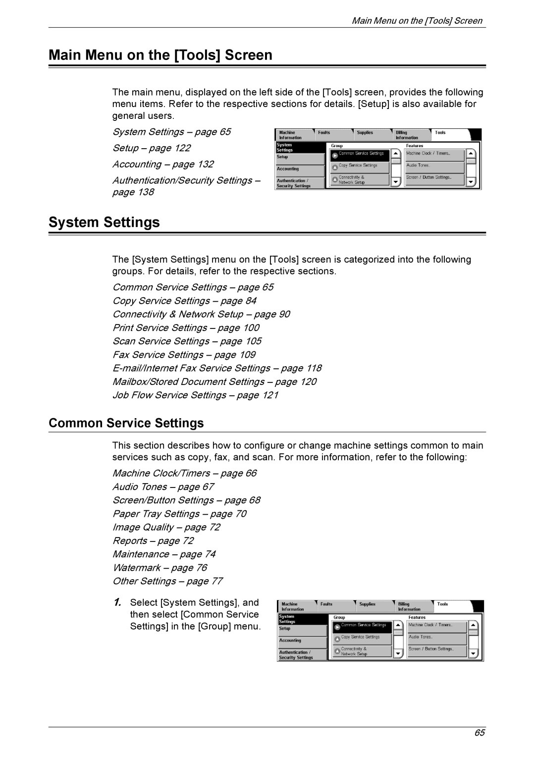 Xerox 5222 manual Main Menu on the Tools Screen, System Settings, Common Service Settings 