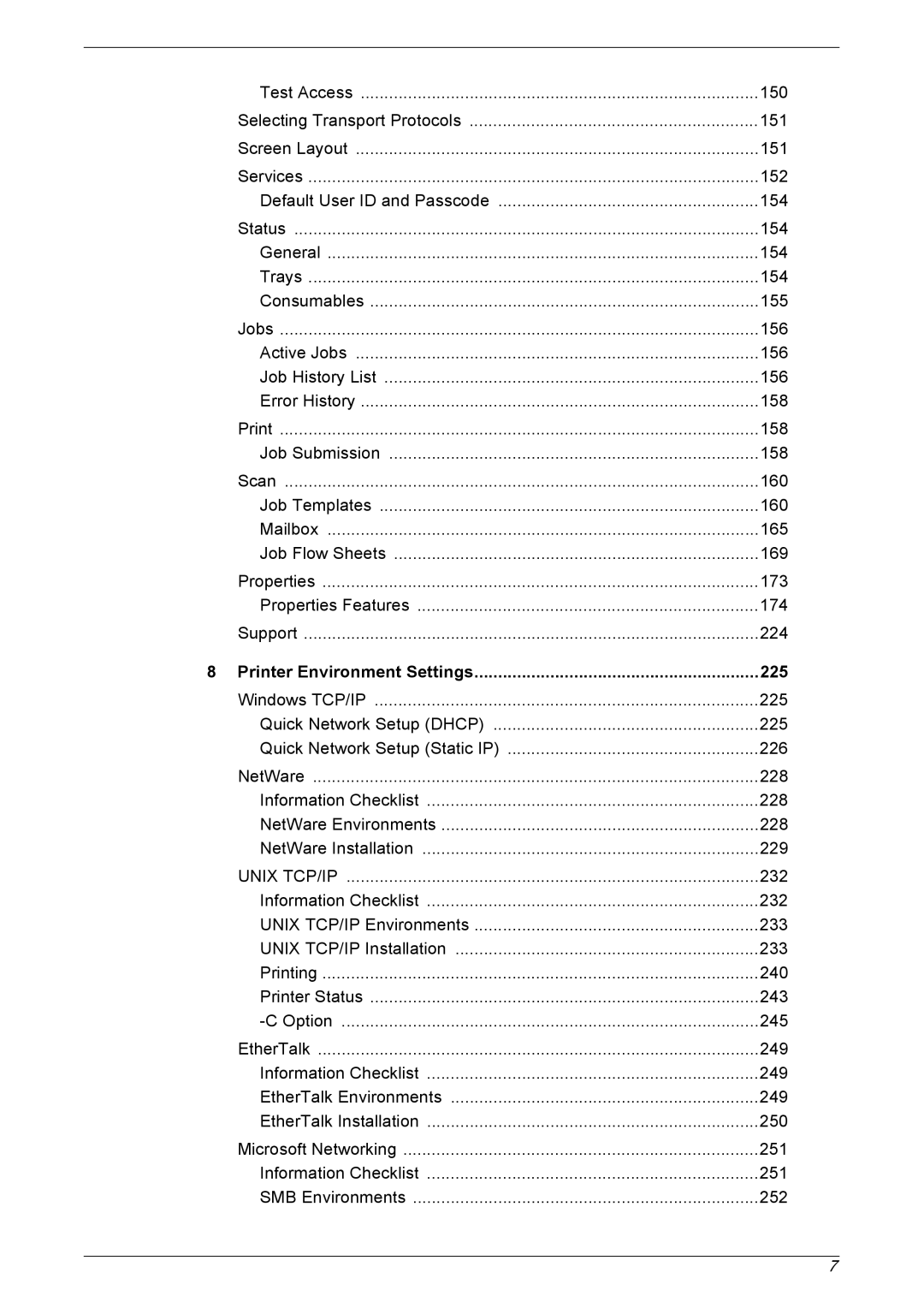 Xerox 5222 manual Printer Environment Settings 225, Unix TCP/IP 