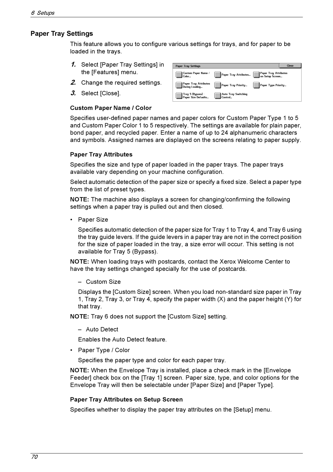 Xerox 5222 manual Paper Tray Settings, Custom Paper Name / Color, Paper Tray Attributes on Setup Screen 