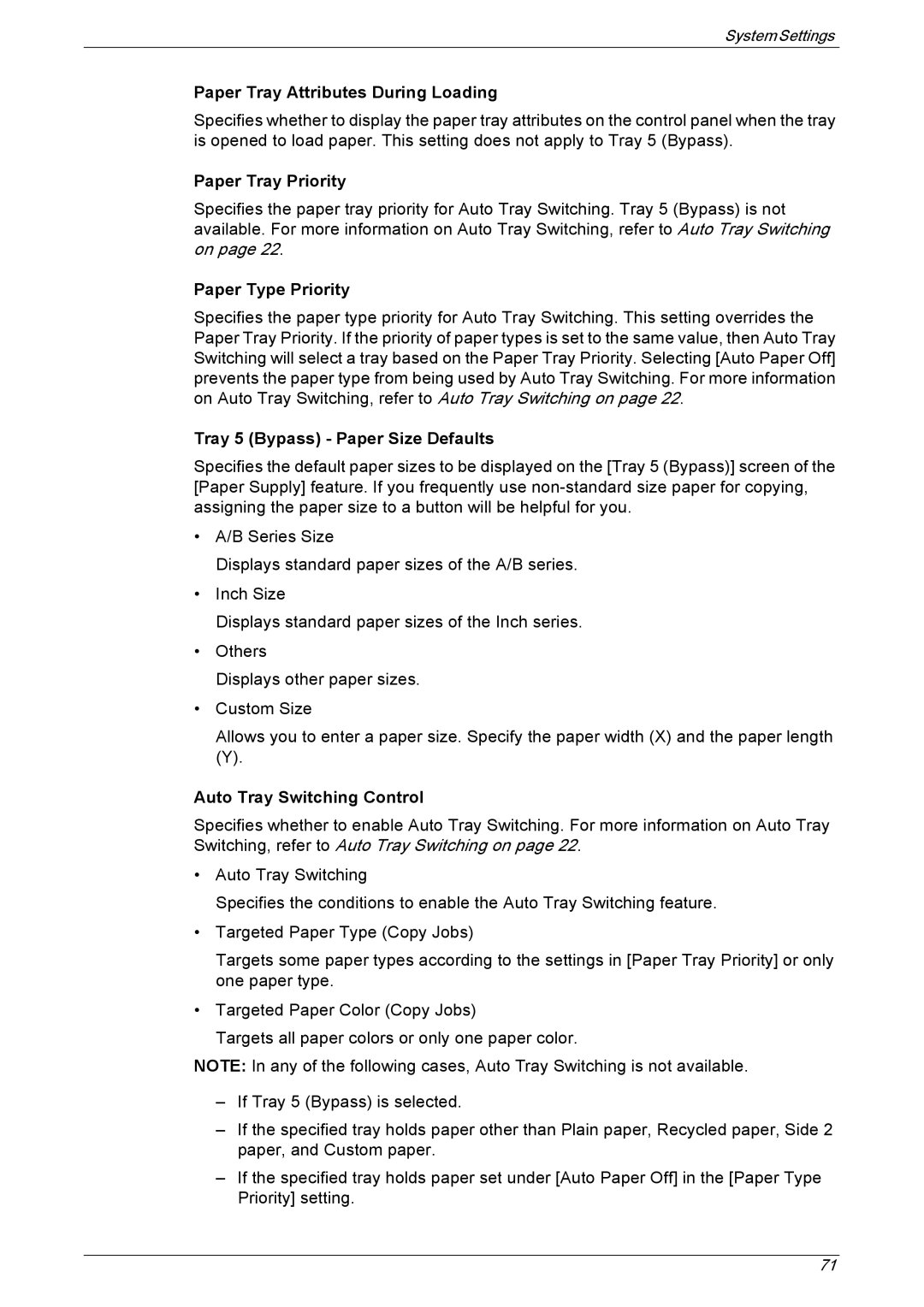 Xerox 5222 Paper Tray Attributes During Loading, Paper Tray Priority, Paper Type Priority, Auto Tray Switching Control 