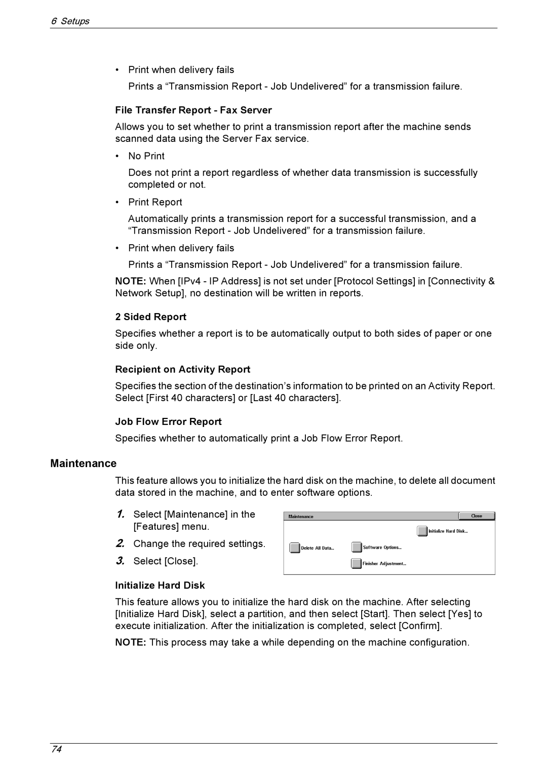 Xerox 5222 manual Maintenance, Sided Report, Recipient on Activity Report, Initialize Hard Disk 