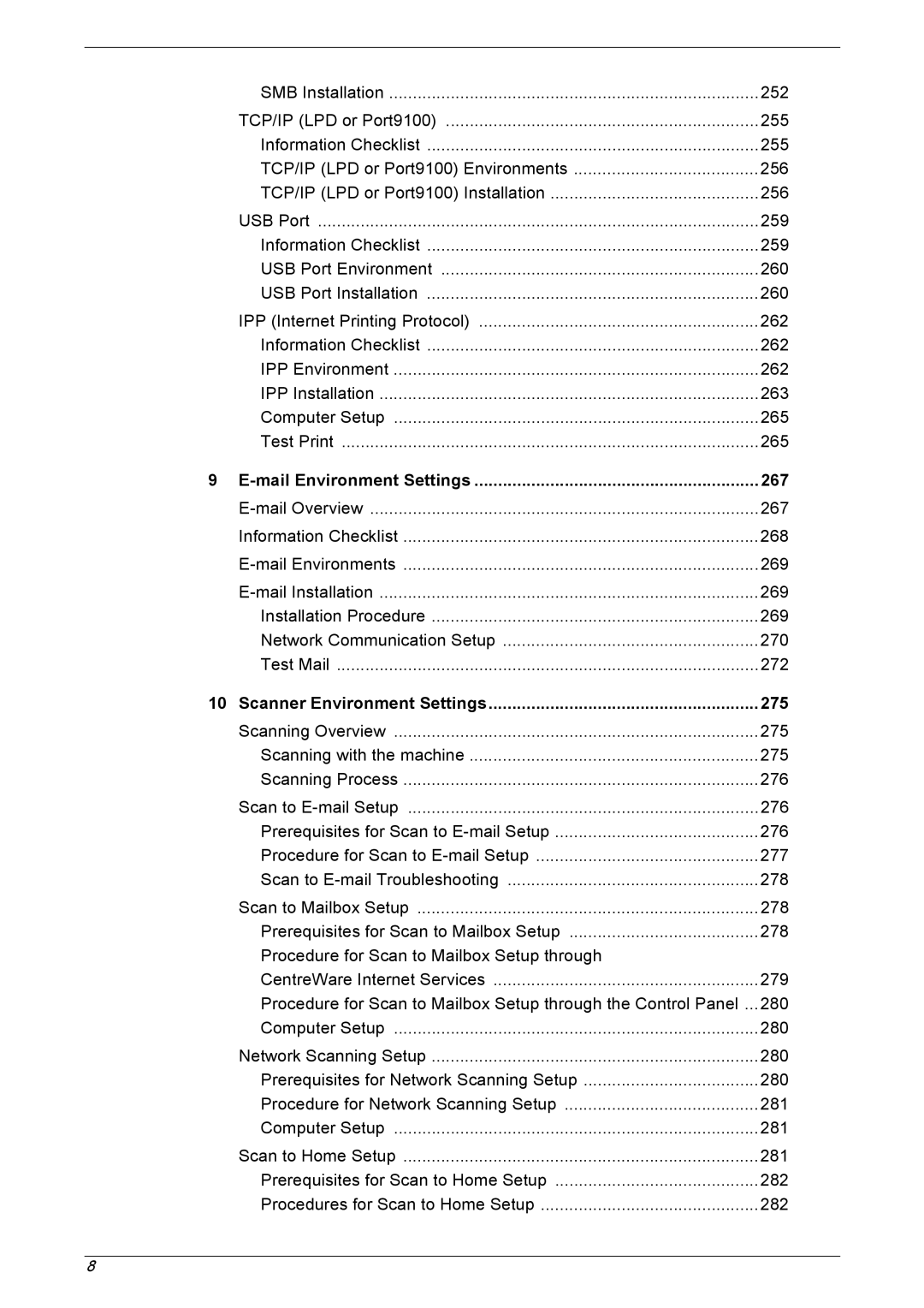 Xerox 5222 manual Mail Environment Settings 267, Scanner Environment Settings 275 