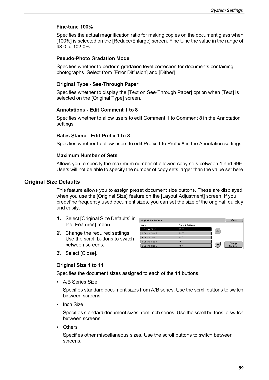 Xerox 5222 manual Original Size Defaults 