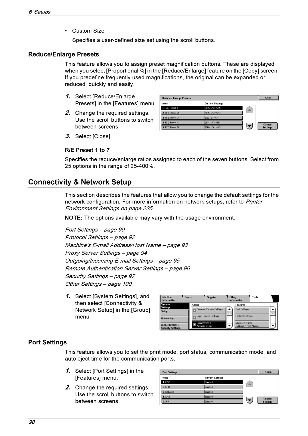 Xerox 5222 manual Connectivity & Network Setup, Reduce/Enlarge Presets, Port Settings, Preset 1 to 