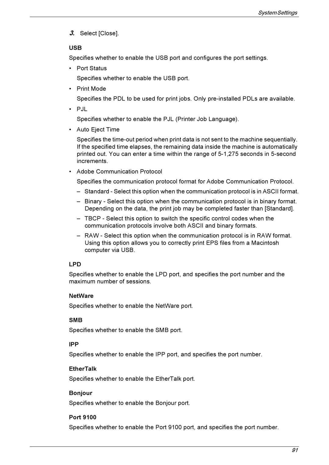 Xerox 5222 manual NetWare, EtherTalk, Bonjour, Port 