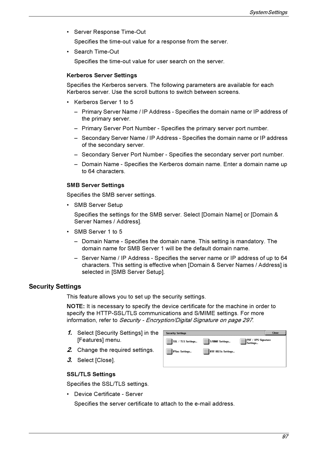 Xerox 5222 manual Security Settings, Kerberos Server Settings, SMB Server Settings, SSL/TLS Settings 