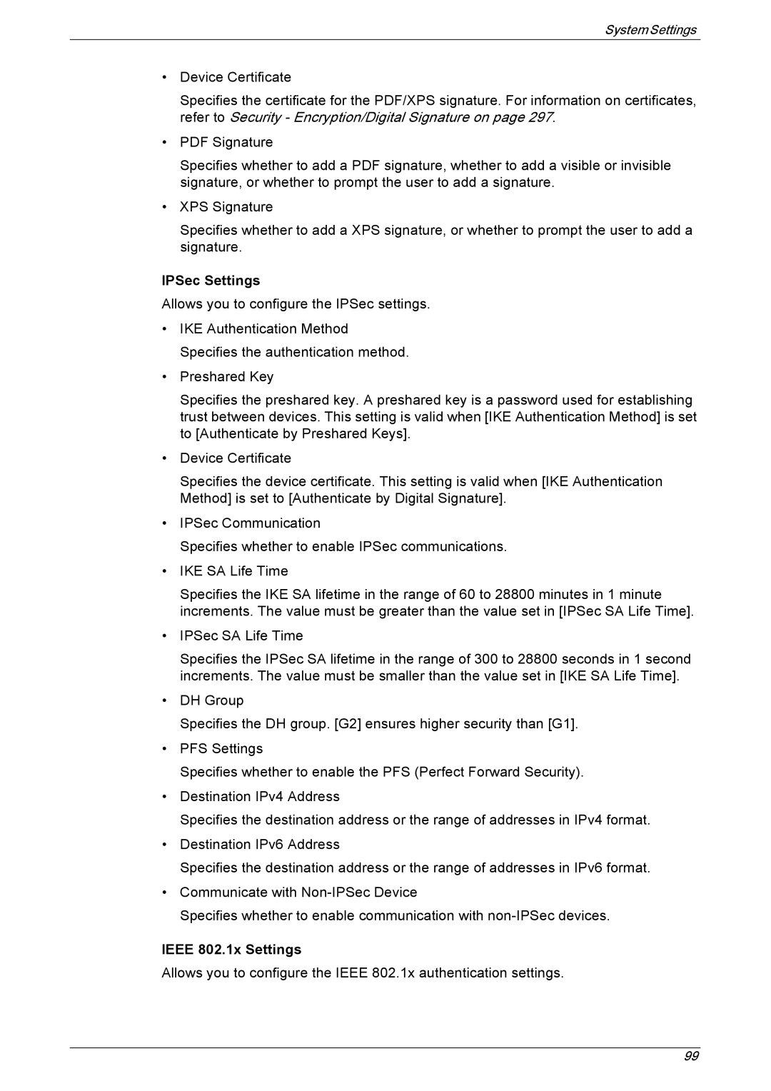 Xerox 5222 manual IPSec Settings, Ieee 802.1x Settings 