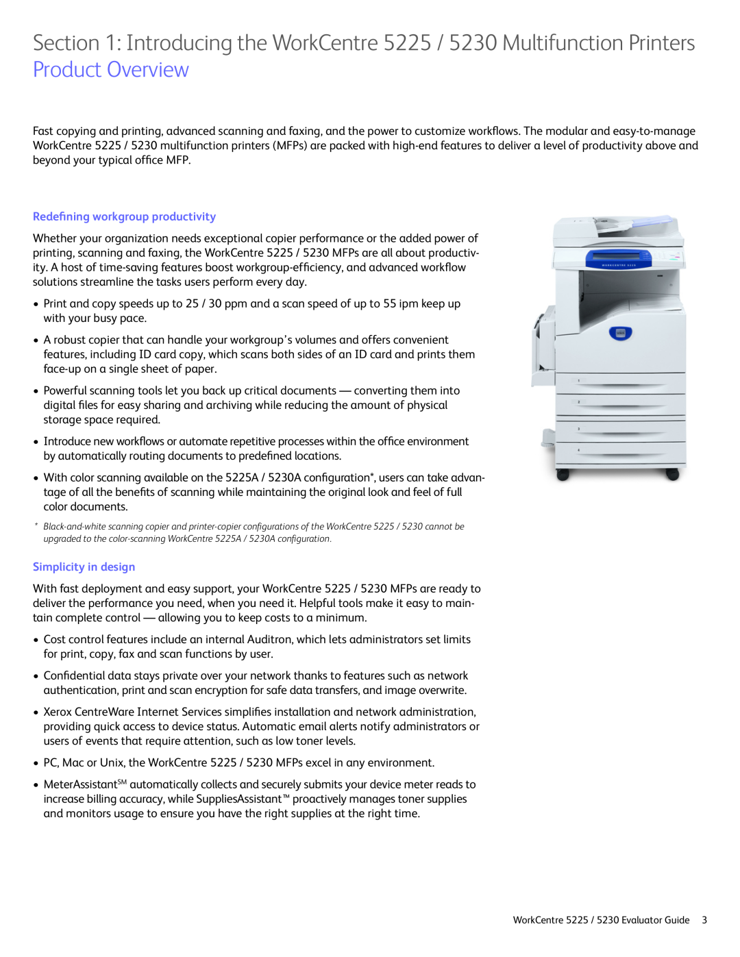 Xerox manual Redefining workgroup productivity, Simplicity in design, WorkCentre 5225 / 5230 Evaluator Guide 