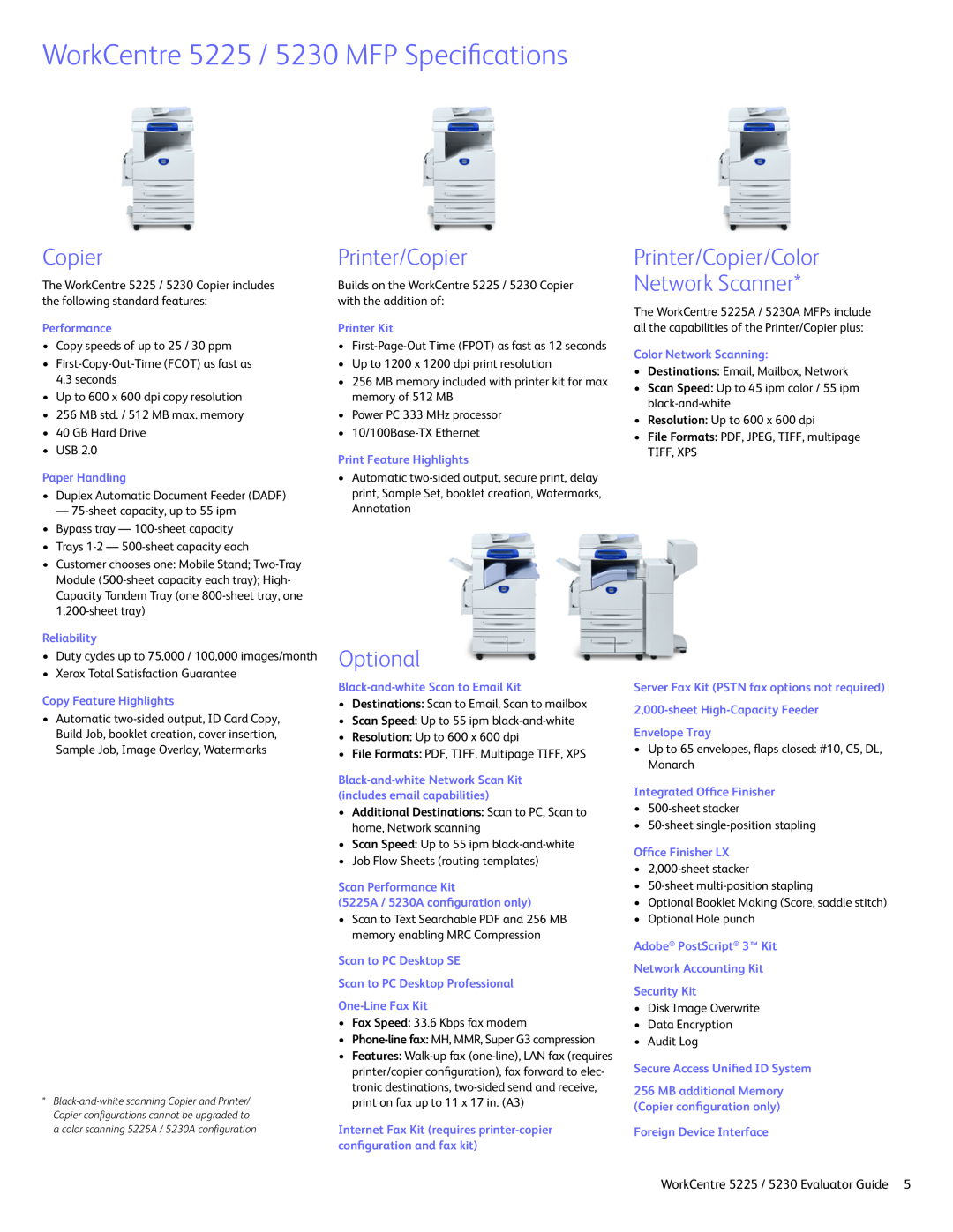Xerox manual WorkCentre 5225 / 5230 MFP Specifications, Optional, Printer/Copier/Color Network Scanner 
