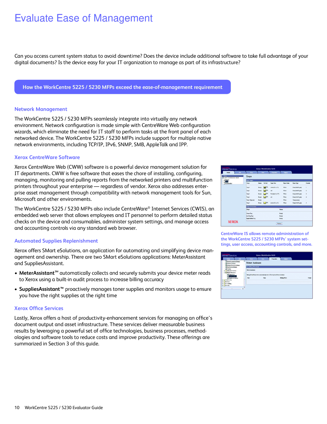 Xerox 5225 Evaluate Ease of Management, Network Management, Xerox CentreWare Software, Automated Supplies Replenishment 