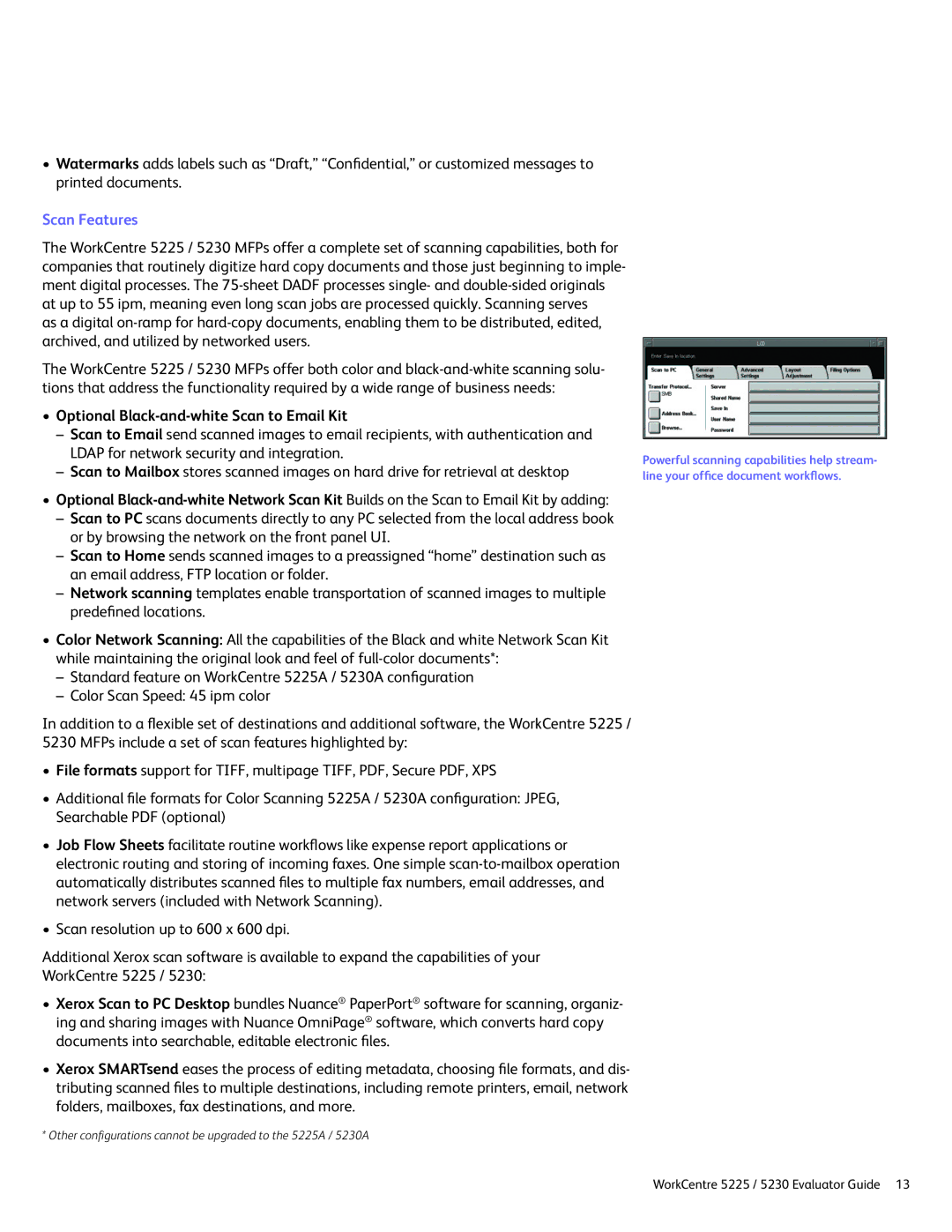 Xerox 5225 manual Scan Features, Optional Black-and-white Scan to Email Kit 