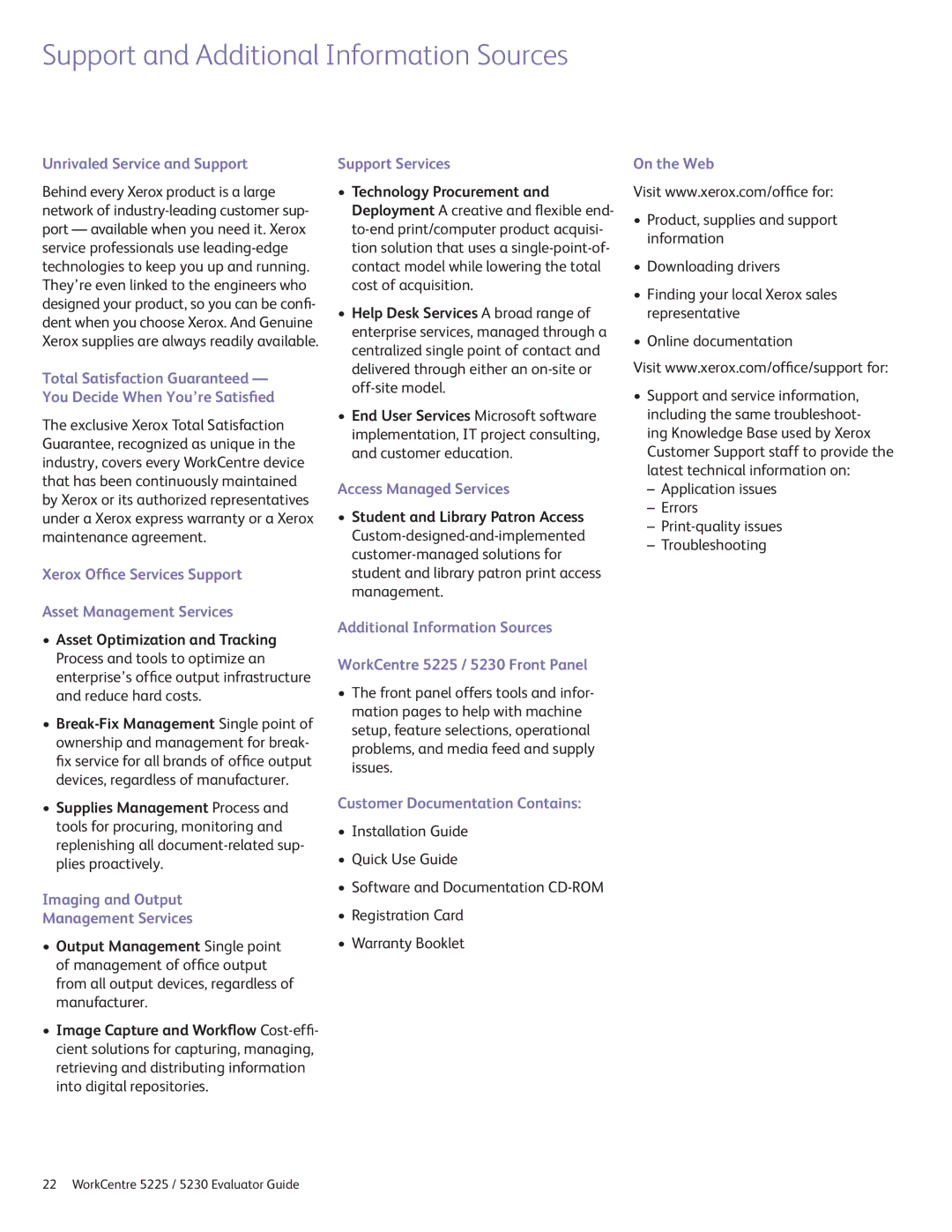 Xerox 5225 manual Support and Additional Information Sources 