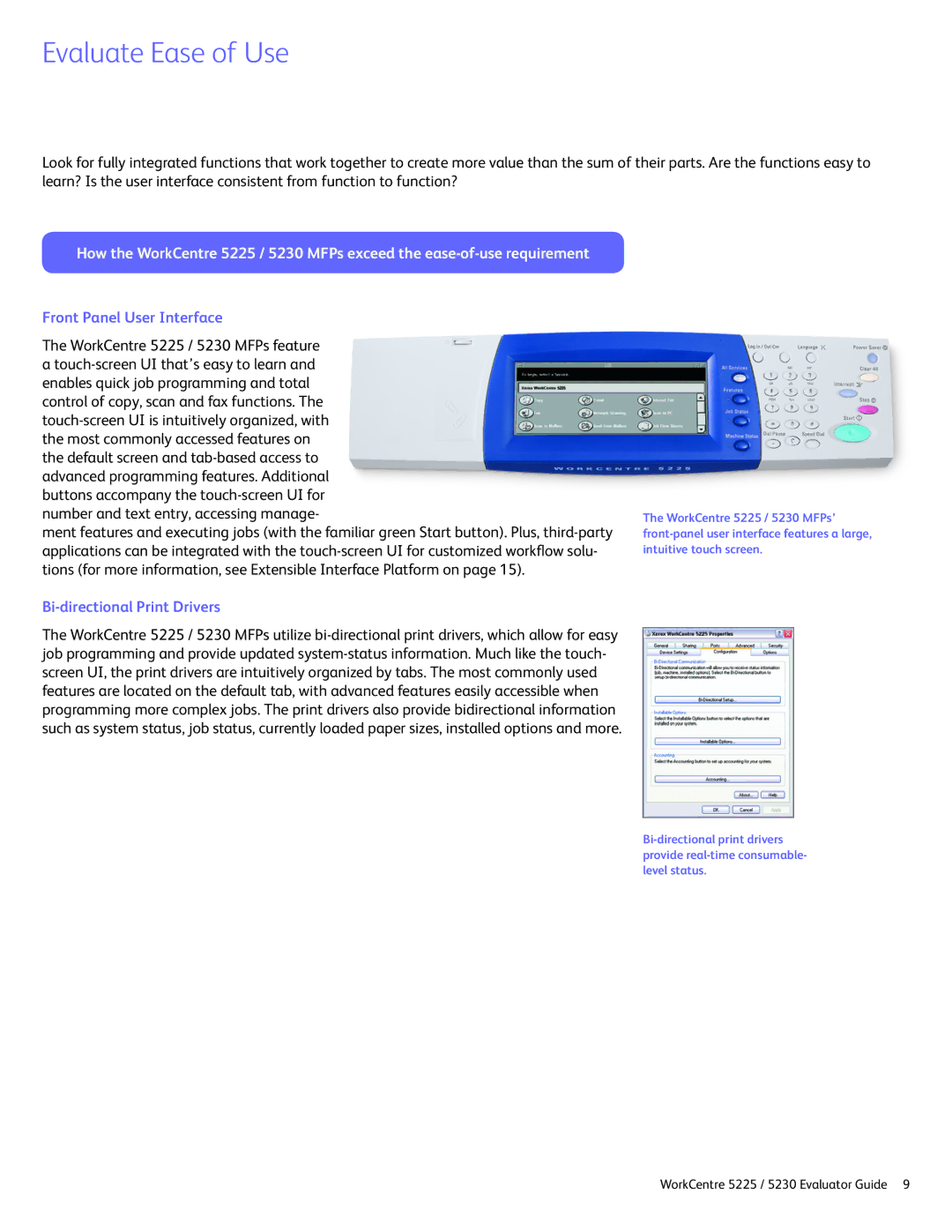 Xerox 5225 manual Evaluate Ease of Use, Front Panel User Interface, Bi-directional Print Drivers 