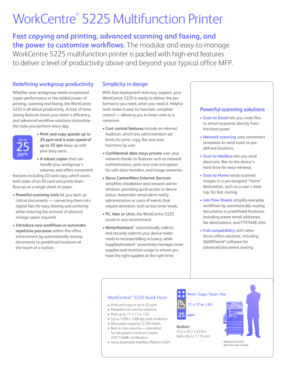 Xerox manual Simplicity in design, Powerful scanning solutions, WorkCentre 5225 Quick Facts 