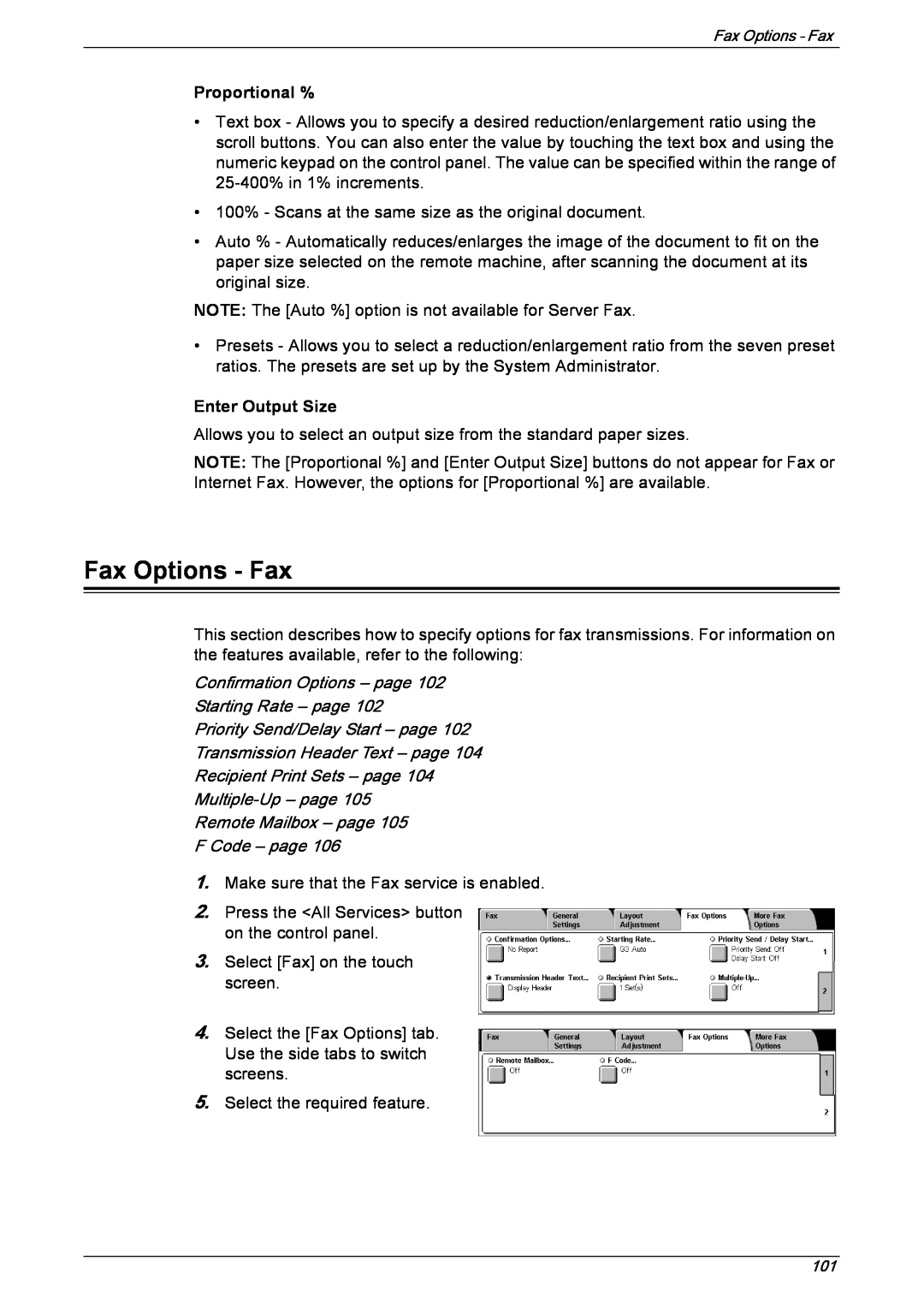 Xerox 5230 manual Fax Options - Fax, Enter Output Size, Confirmation Options – page Starting Rate – page, Proportional % 