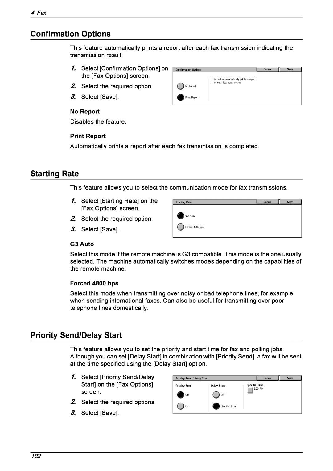 Xerox 5230 manual Confirmation Options, Starting Rate, Priority Send/Delay Start, Print Report, G3 Auto, Forced 4800 bps 
