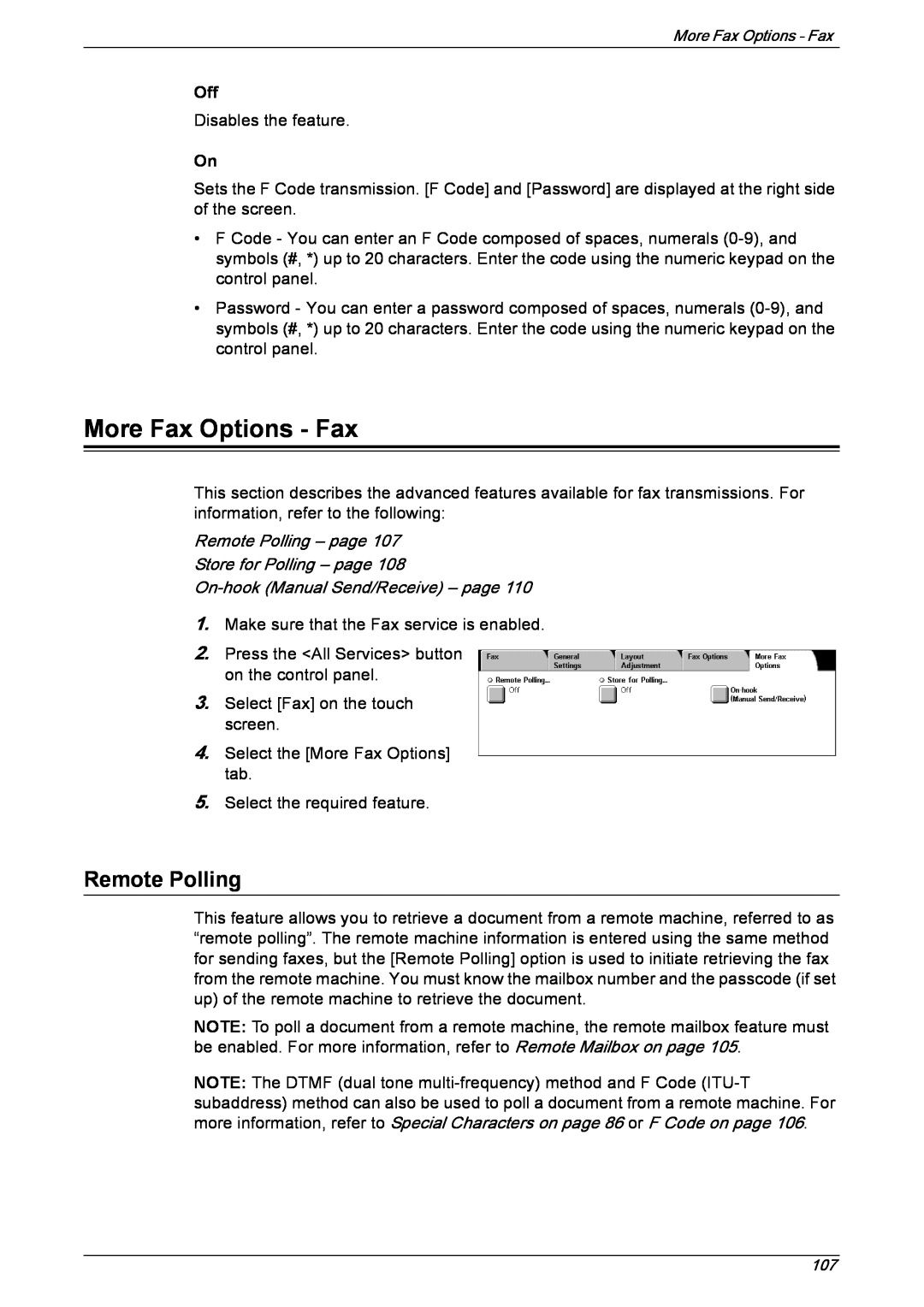 Xerox 5230 More Fax Options - Fax, Remote Polling – page Store for Polling – page, On-hookManual Send/Receive – page 