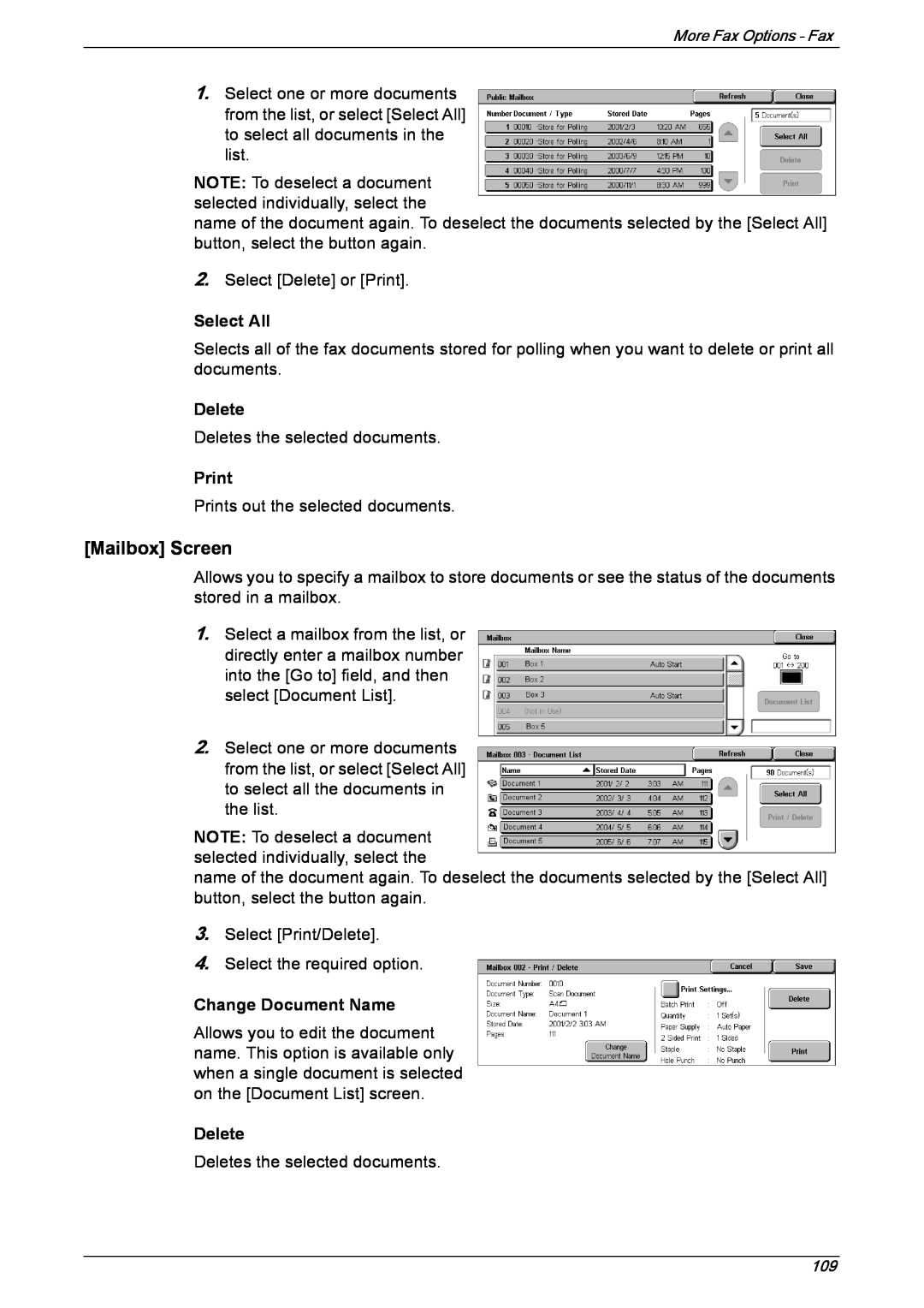 Xerox 5230 manual Mailbox Screen, Select All, Print, Change Document Name, Delete 
