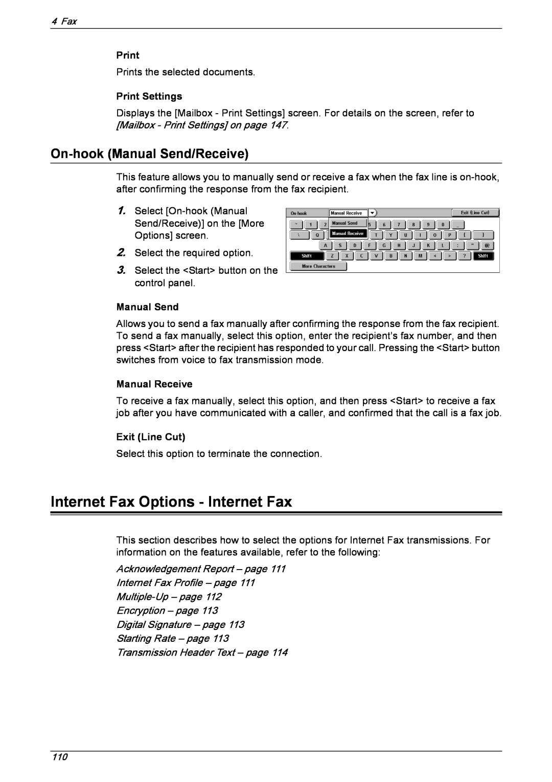 Xerox 5230 Internet Fax Options - Internet Fax, On-hookManual Send/Receive, Print Settings, Manual Receive, Exit Line Cut 