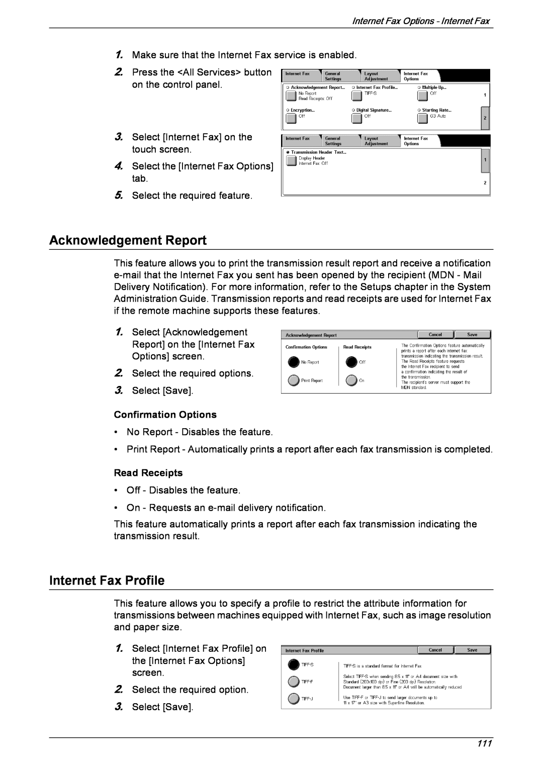 Xerox 5230 manual Acknowledgement Report, Internet Fax Profile, Confirmation Options, Read Receipts 