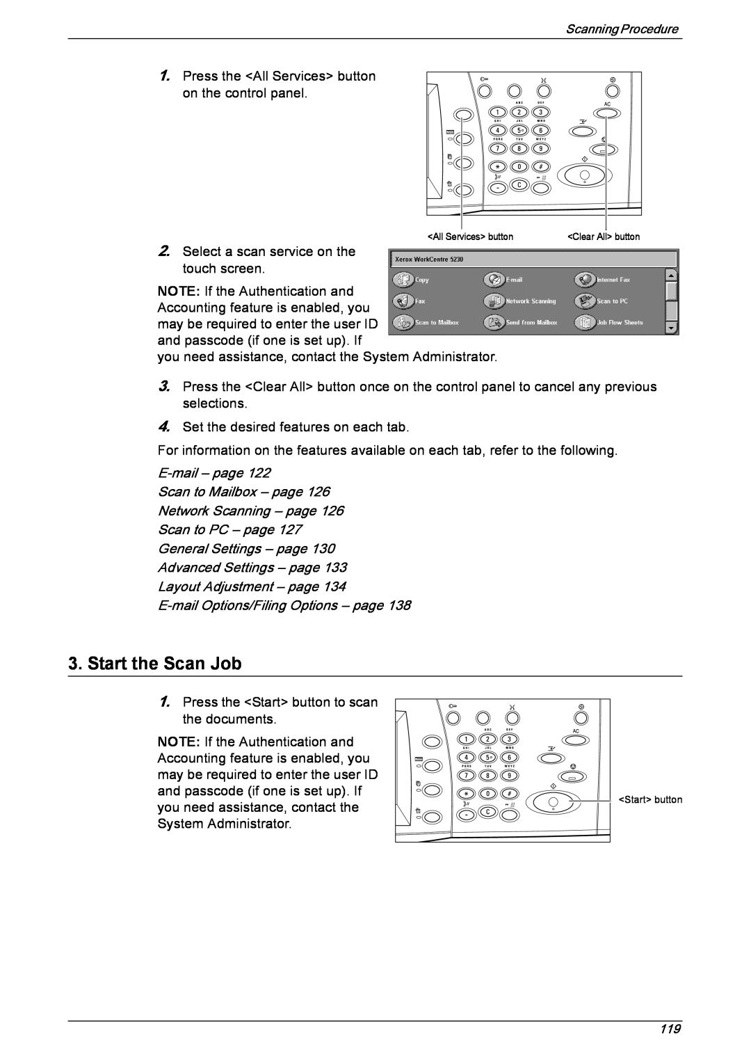 Xerox 5230 manual Start the Scan Job, E-mail– page Scan to Mailbox – page, Network Scanning – page Scan to PC – page 